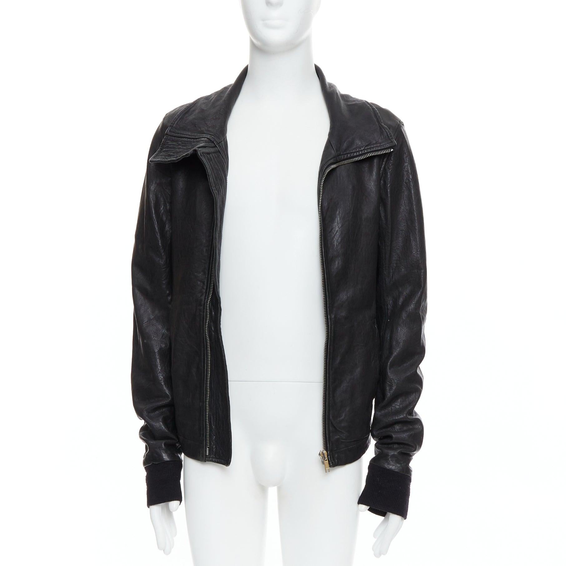 Black RICK OWENS black lambskin leather Olmar Mirta zip motorcycle jacket XS For Sale