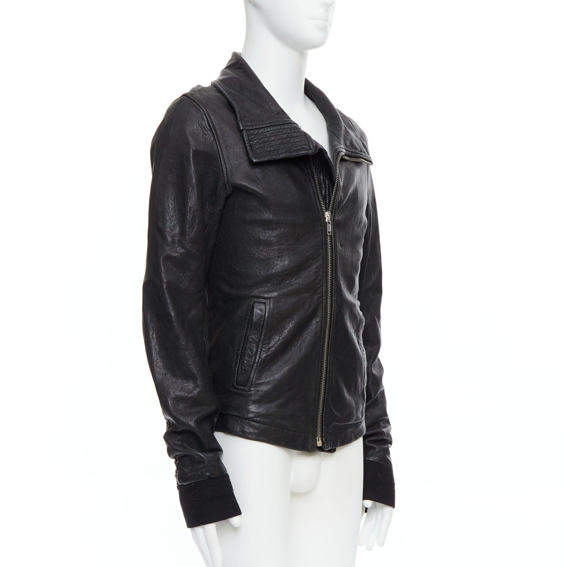 RICK OWENS black lambskin leather Olmar Mirta zip motorcycle jacket XS In Good Condition For Sale In Hong Kong, NT