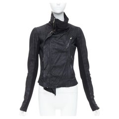 RICK OWENS Schwarzes Lammfell Leder Wolle asymmetrische Bikerjacke IT40 S