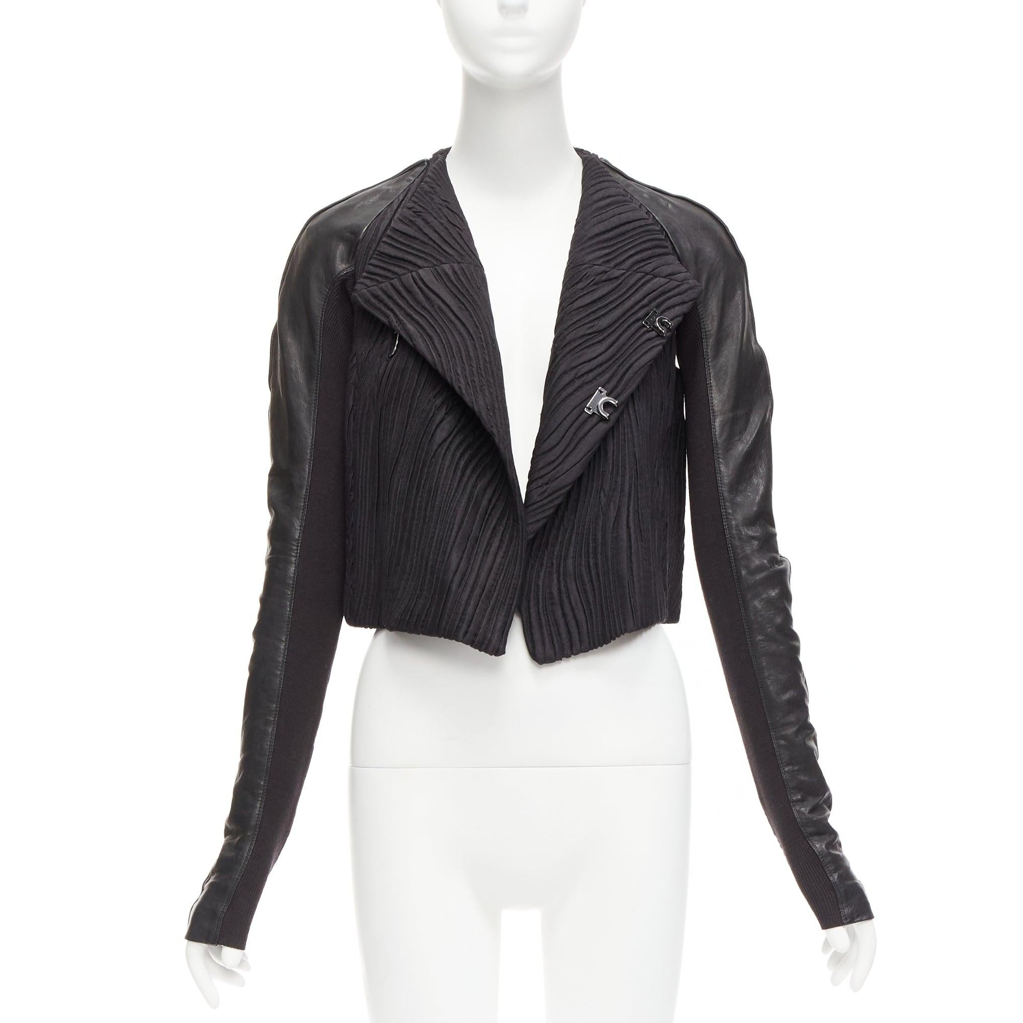 Black RICK OWENS black leather sleeves textured quilted silk wrap jacket IT40 S