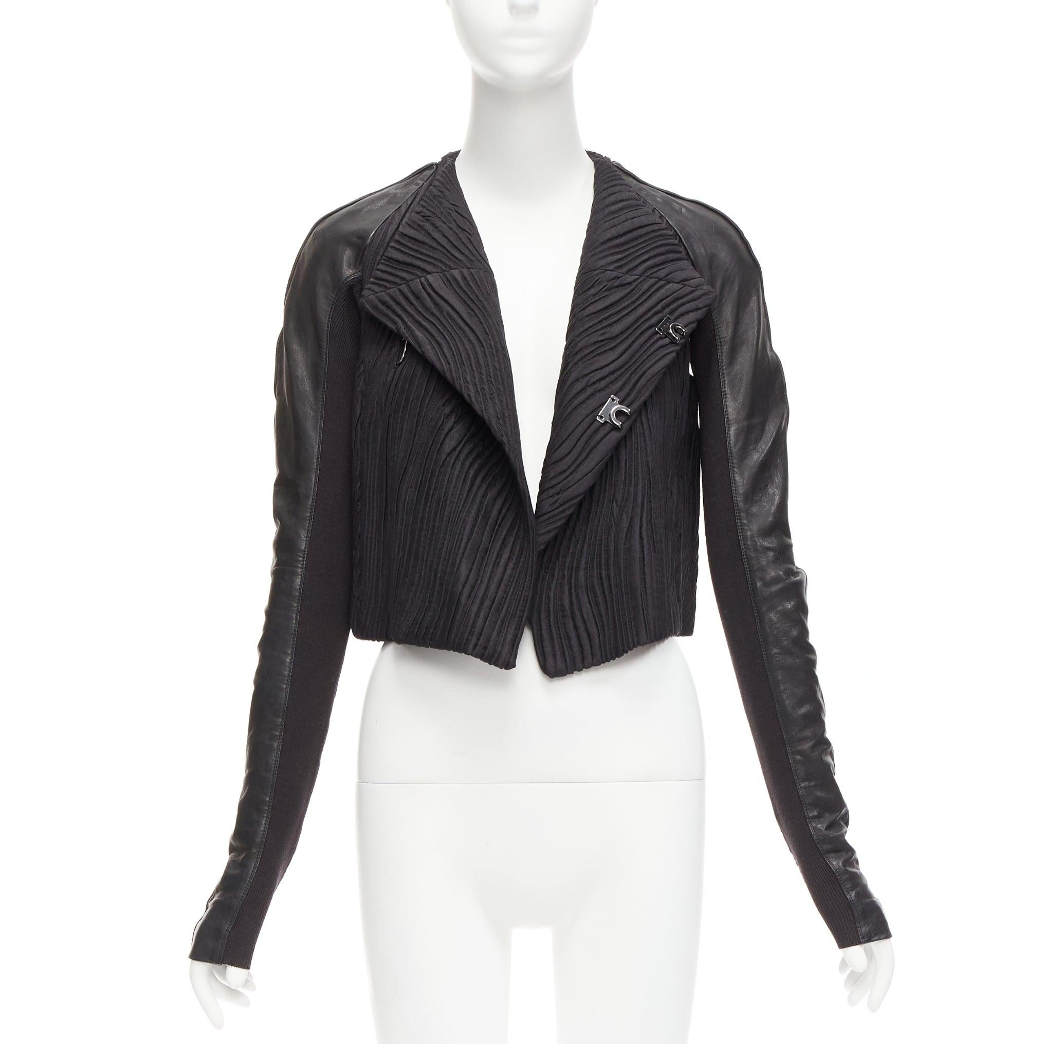 RICK OWENS black leather sleeves textured quilted silk wrap jacket IT40 S In Good Condition For Sale In Hong Kong, NT