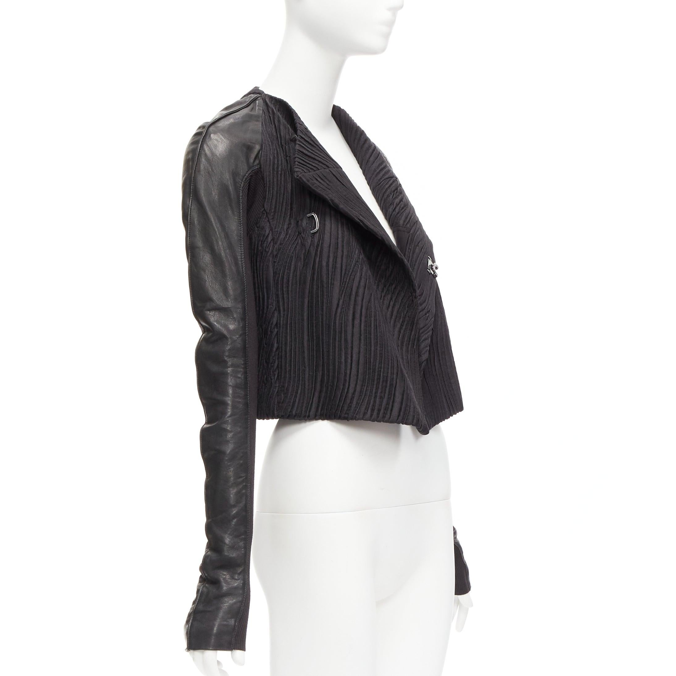 Women's RICK OWENS black leather sleeves textured quilted silk wrap jacket IT40 S For Sale