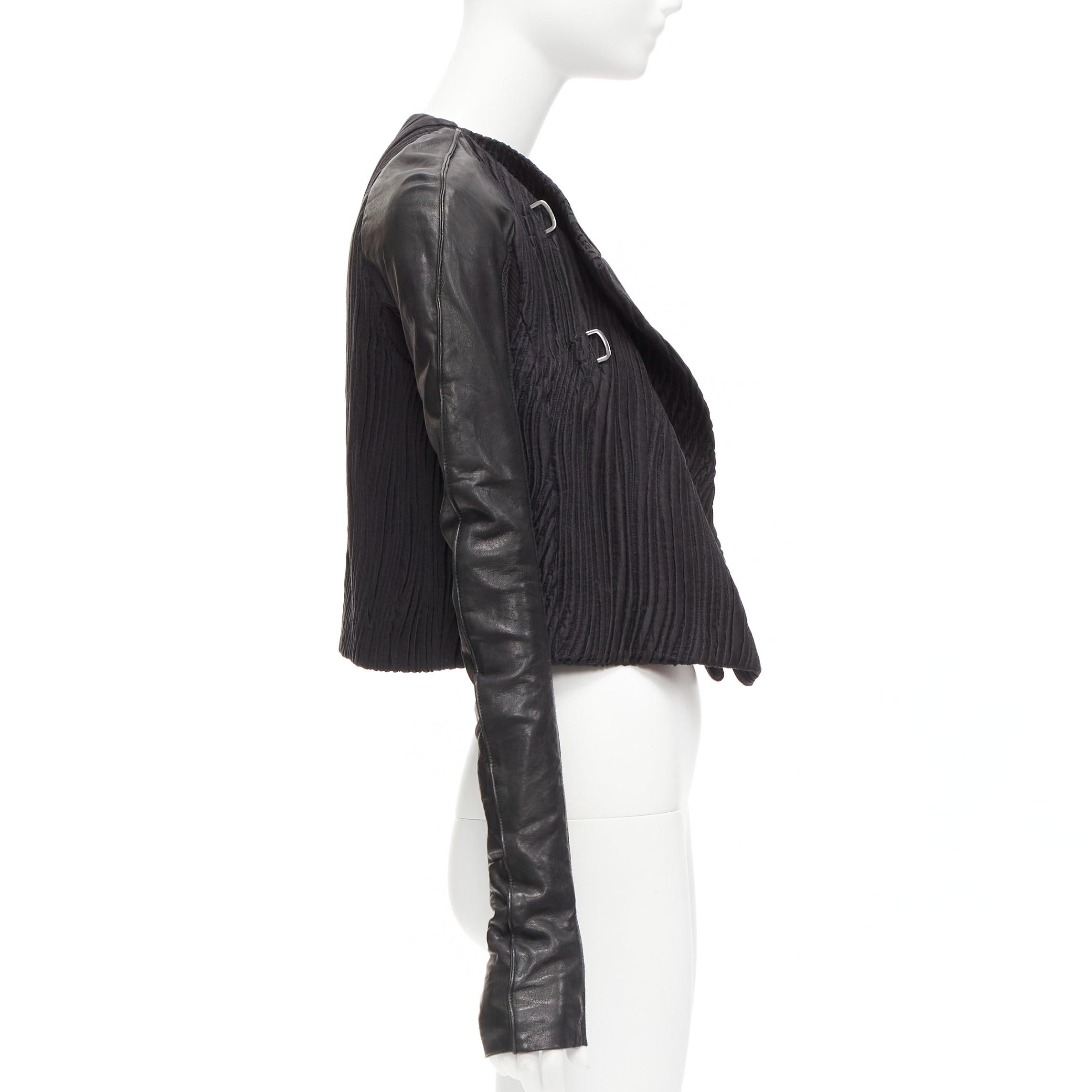 RICK OWENS black leather sleeves textured quilted silk wrap jacket IT40 S For Sale 1