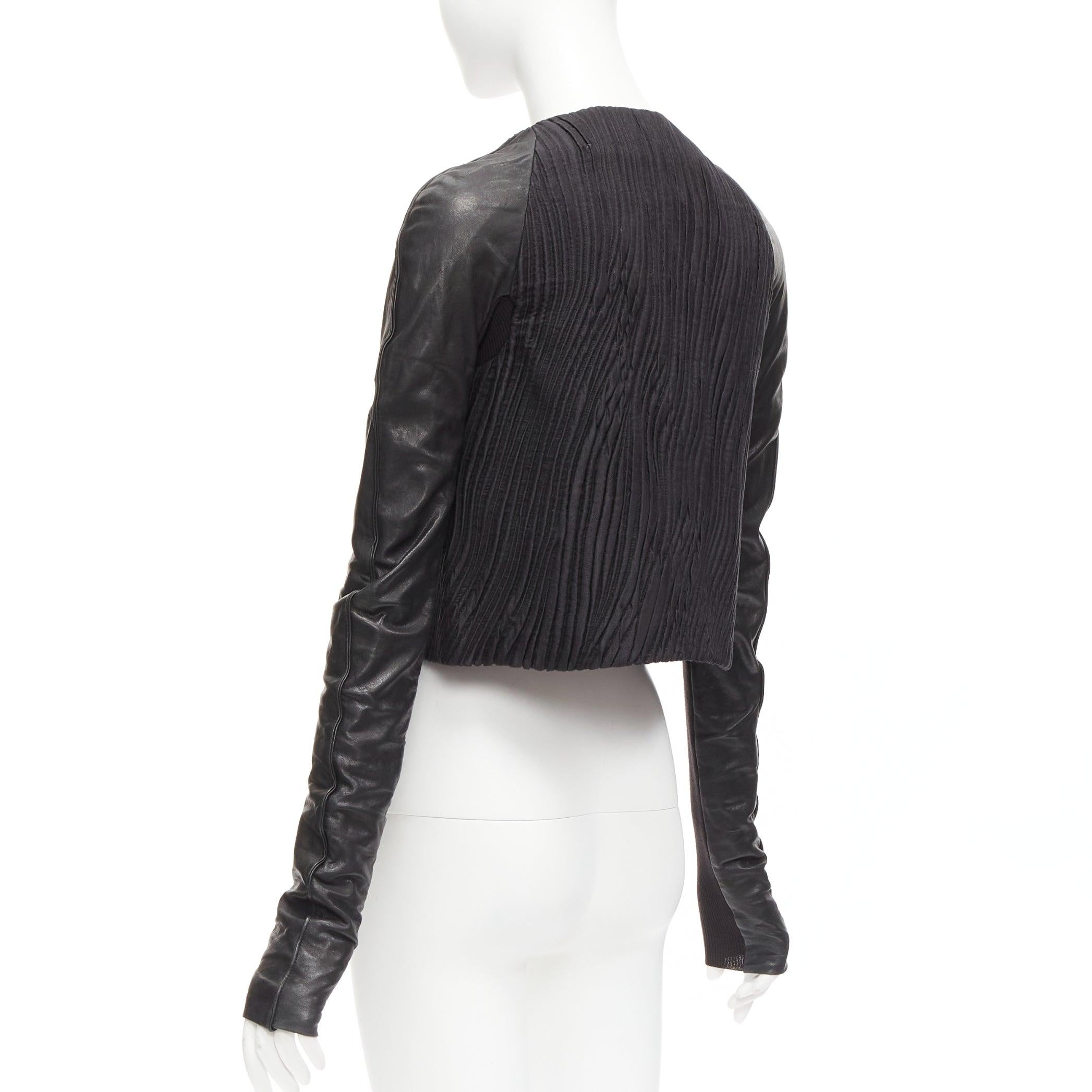 RICK OWENS black leather sleeves textured quilted silk wrap jacket IT40 S For Sale 3