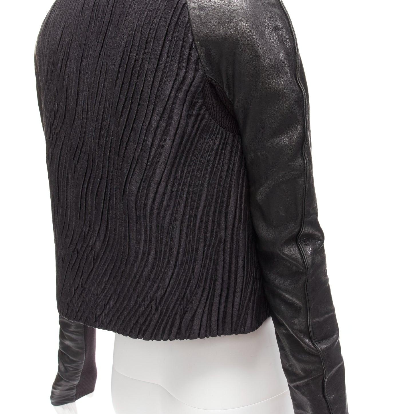 RICK OWENS black leather sleeves textured quilted silk wrap jacket IT40 S For Sale 4