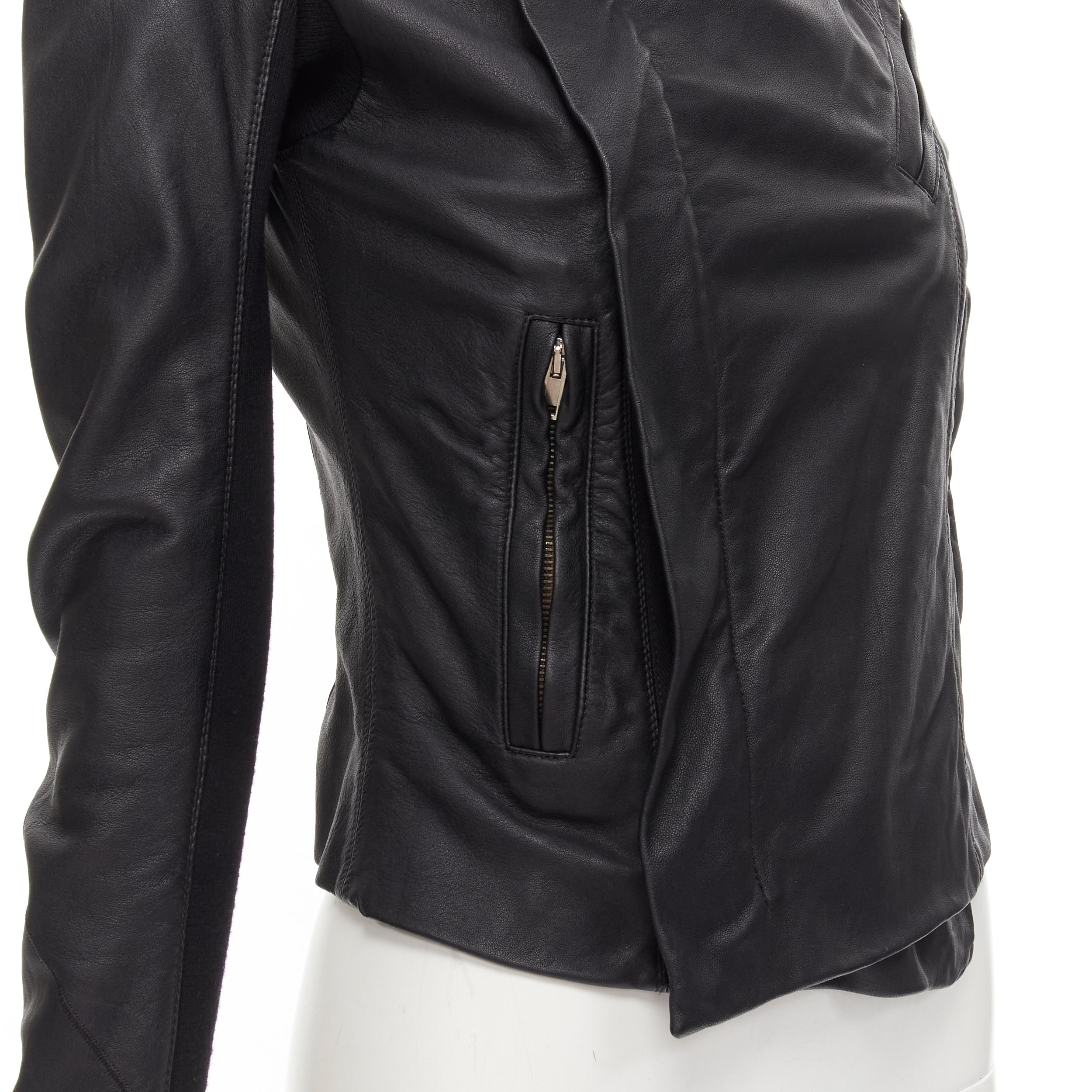 RICK OWENS black leather wool insert sleeves biker jacket IT38 XS 
Reference: TGAS/C01088 
Brand: Rick Owens 
Material: Leather 
Color: Black 
Pattern: Solid 
Closure: Zip 
Extra Detail: Classic draped collar leather biker jacket. Ribbed wool insert