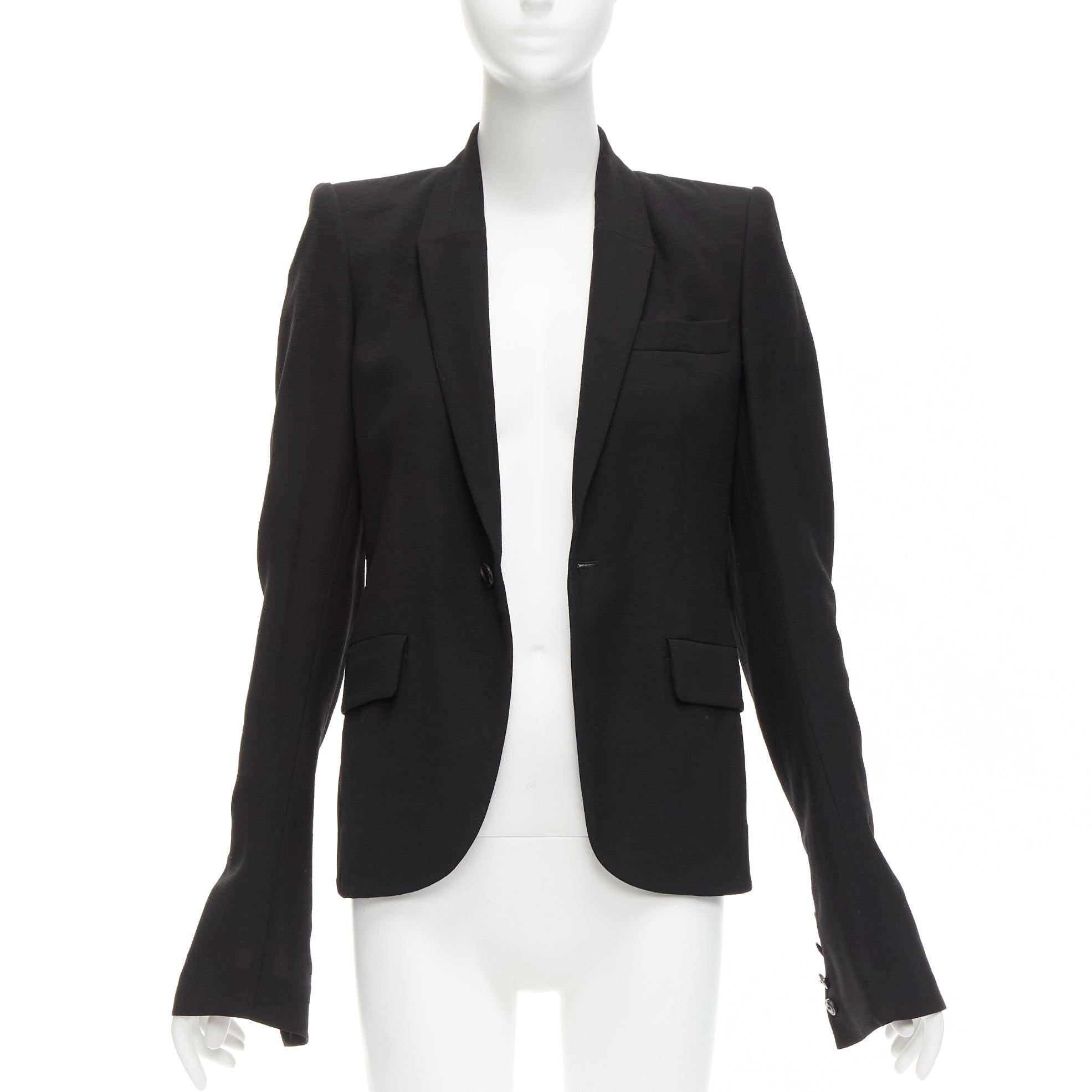 RICK OWENS black virgin wool blend power shoulder long sleeve blazer IT40 S In Good Condition For Sale In Hong Kong, NT