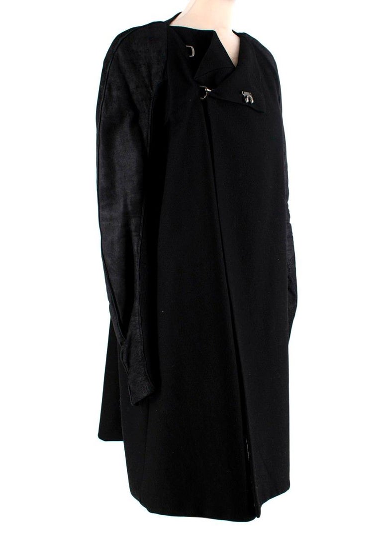 Rick Owens Black Wool Coat with Leather Sleeves For Sale at 1stDibs