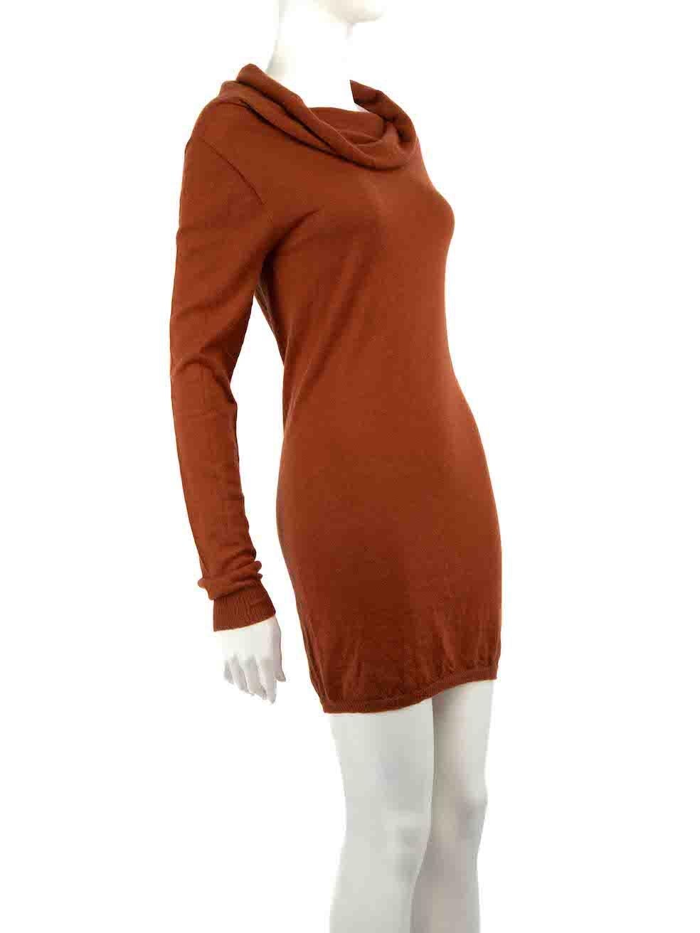 CONDITION is Very good. Minimal visible wear to dress is evident. Composition label has come detached on one side on this used Rick Owens designer resale item.
 
 Details
 Brown
 Cashmere
 Knit sweater dress
 Draped cowl neck
 Long sleeves
 Mini
 
