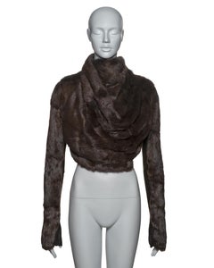 Rick Owens Brown Fur Cropped Jacket with Cowl Neck and Knit Inserts, FW 2004