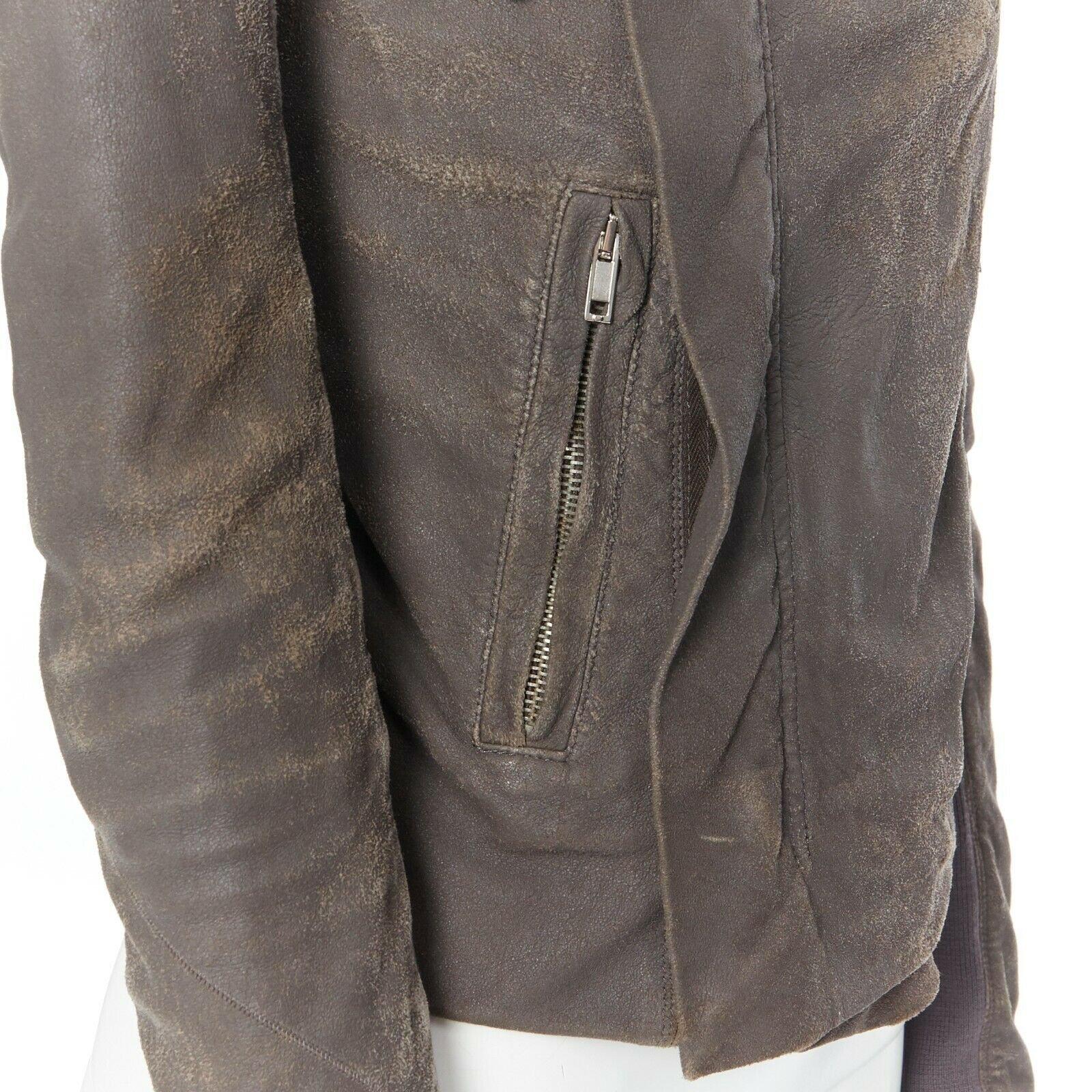 RICK OWENS dark dust grey lambskin drape shawl collar distress biker jacket IT38 3