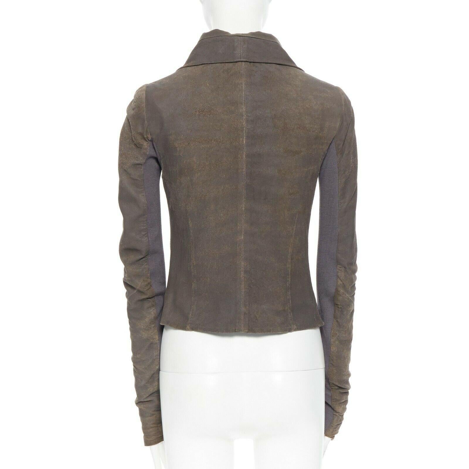 Women's RICK OWENS dark dust grey lambskin drape shawl collar distress biker jacket IT38