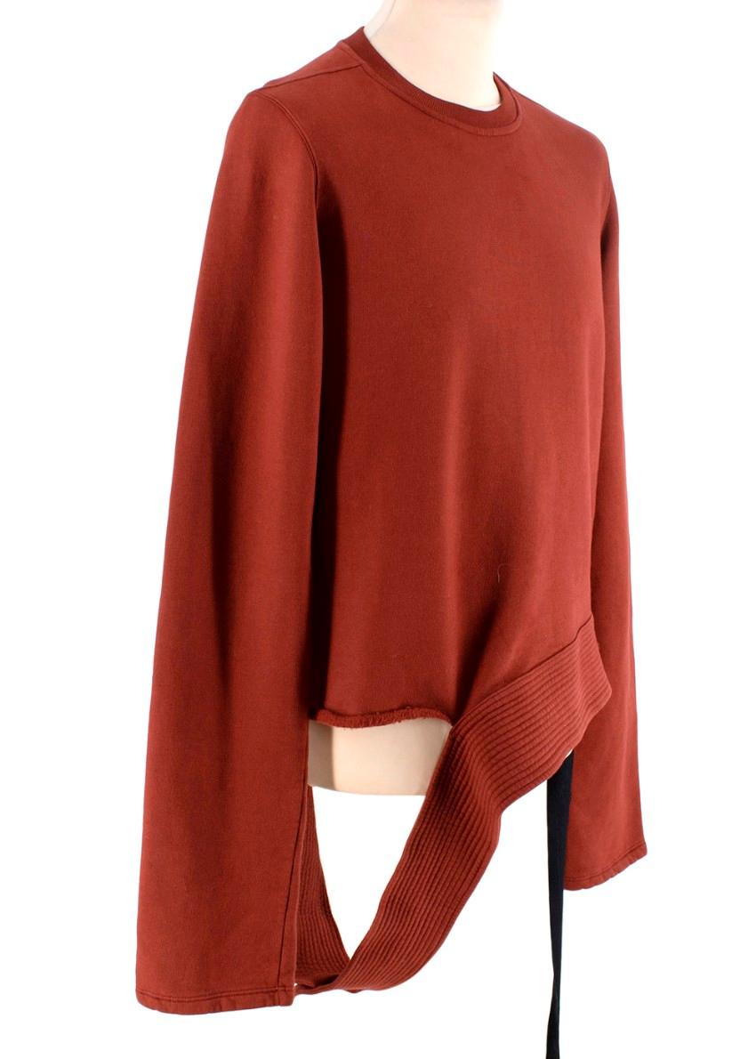 Rick Owens DRKSHDW Rust Red Torn Hem Sweatshirt
 

 - Rick Owens DRKSHDW project
 - Muted rust-red tone 
 - Ribbed crew neck, relaxed cut
 - Deep, torn-effect hem with velcro fastening
 - Logo branding on the hip
 - Wide sleeves
 

 Materials:
 100%