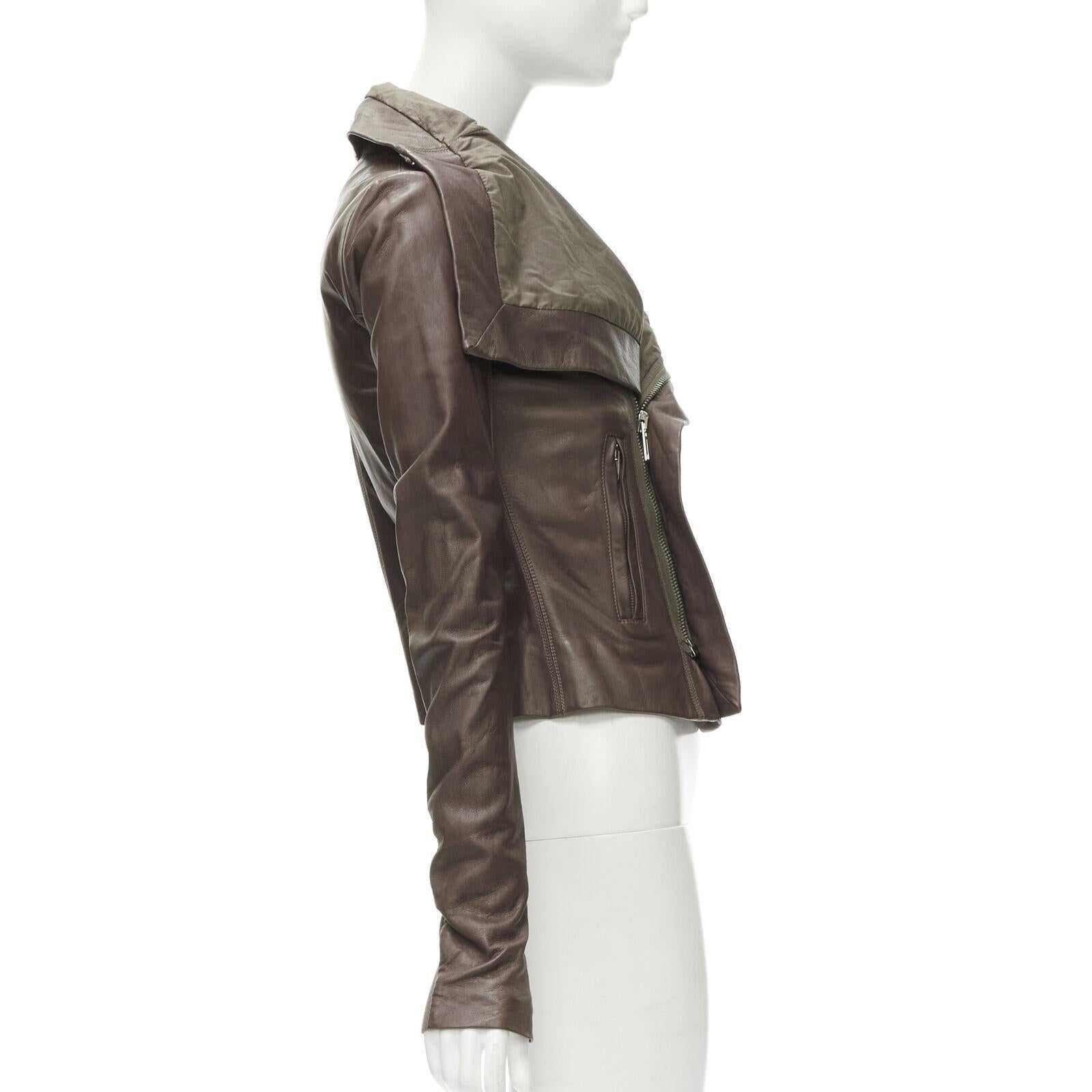 Black RICK OWENS dust brown lambskin leather draped collar fitted biker jacket IT40 XS For Sale