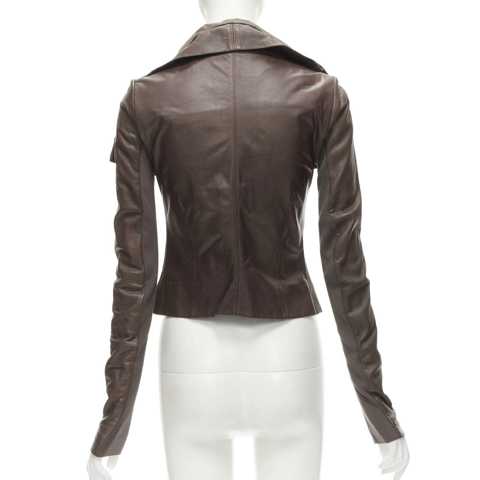 RICK OWENS dust brown lambskin leather draped collar fitted biker jacket IT40 XS In Good Condition For Sale In Hong Kong, NT