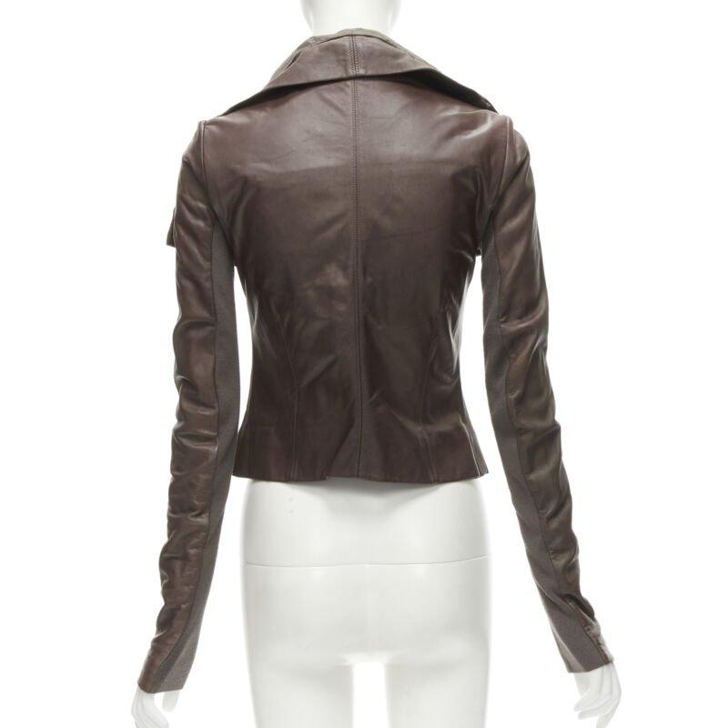 Women's RICK OWENS dust brown lambskin leather draped collar fitted biker jacket IT40 XS