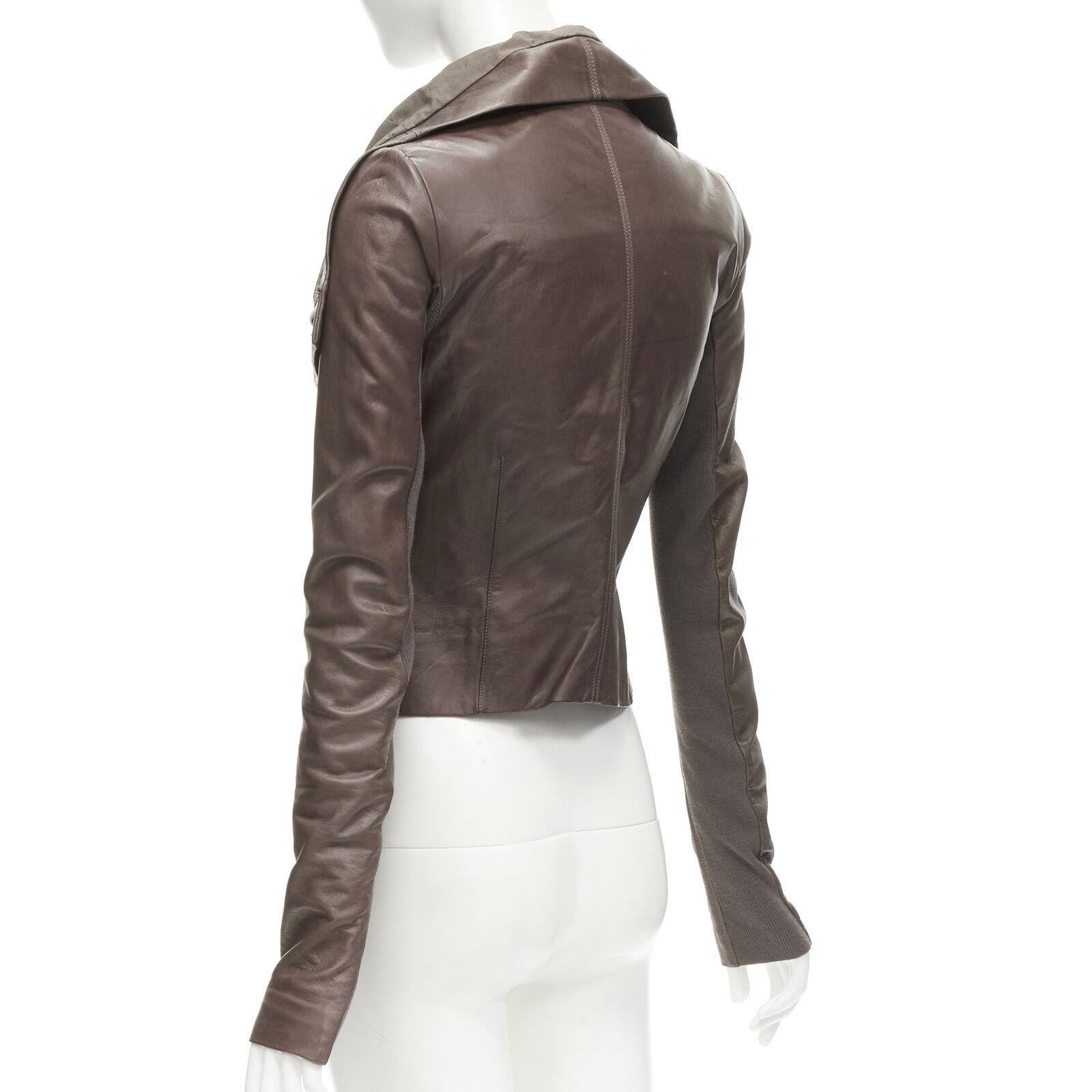 Women's RICK OWENS dust brown lambskin leather draped collar fitted biker jacket IT40 XS For Sale