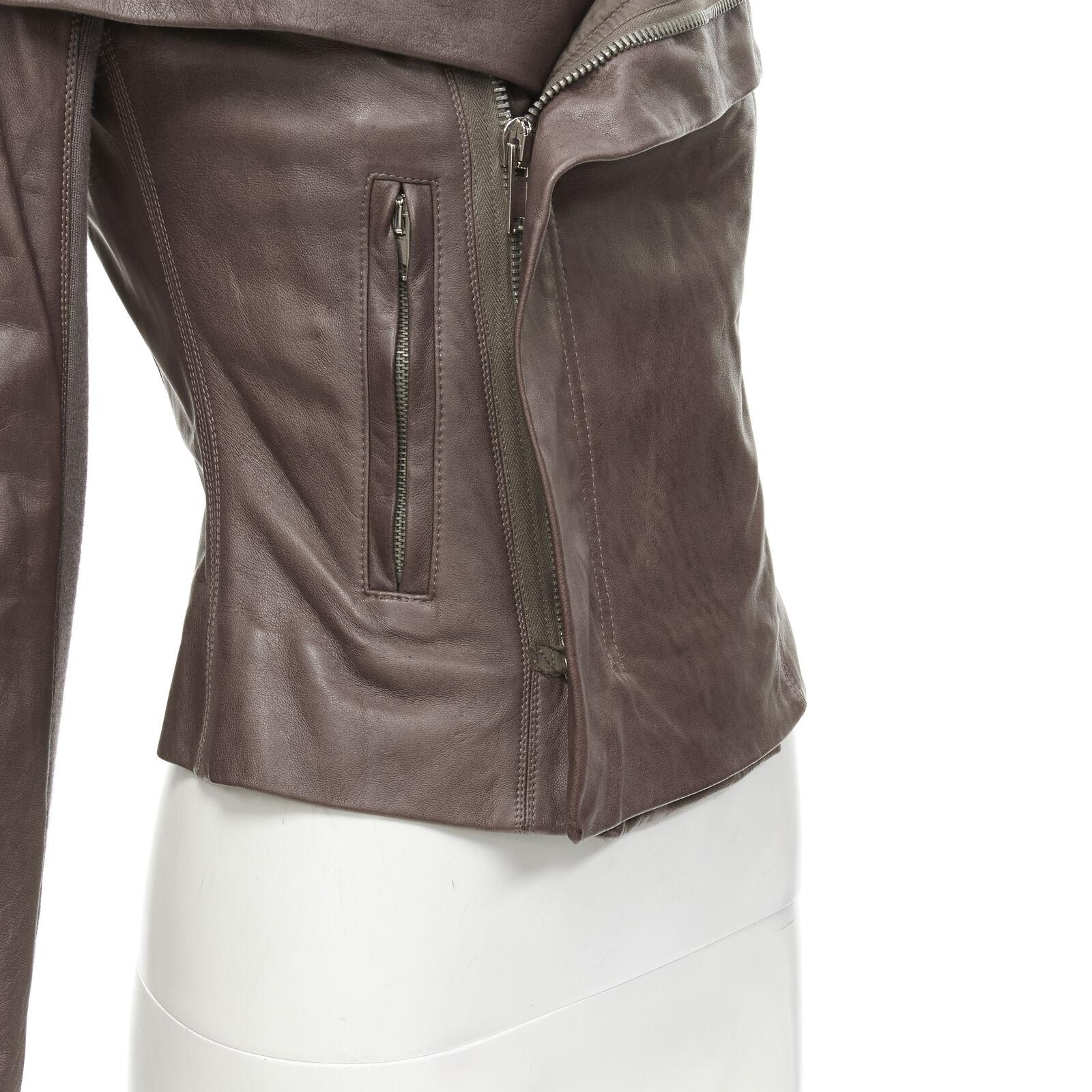 RICK OWENS dust brown lambskin leather draped collar fitted biker jacket IT40 XS For Sale 2