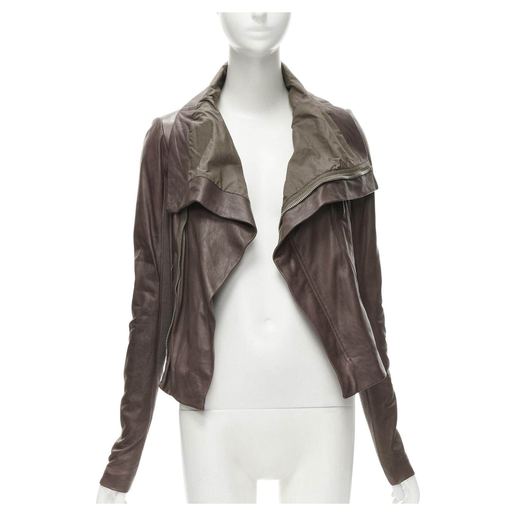 RICK OWENS dust brown lambskin leather draped collar fitted biker jacket IT40 XS For Sale