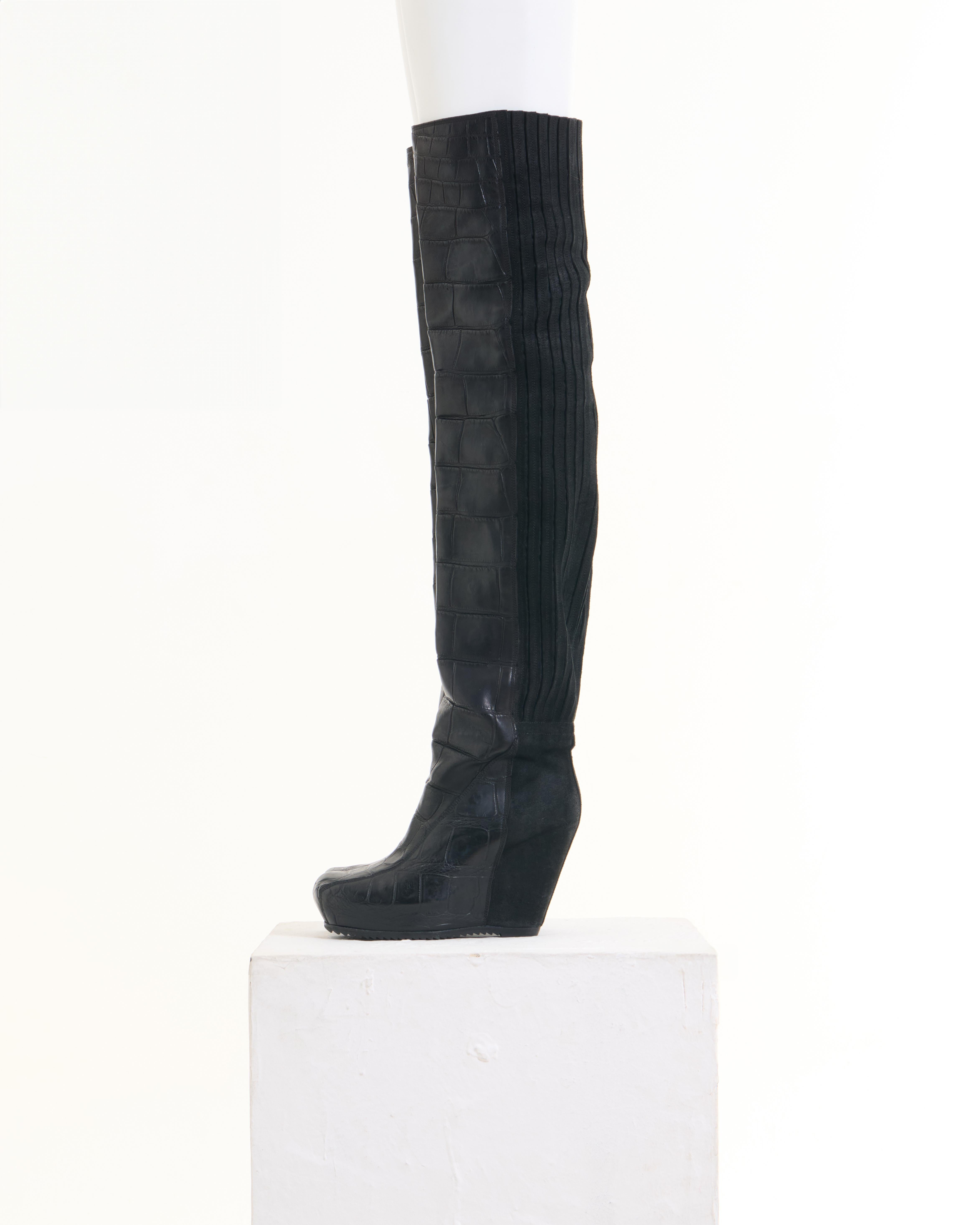 Rick Owens F/W 2012 “MOUNTAIN” Black Leather Croco High Boots In condizioni ottime in vendita a Milano, IT
