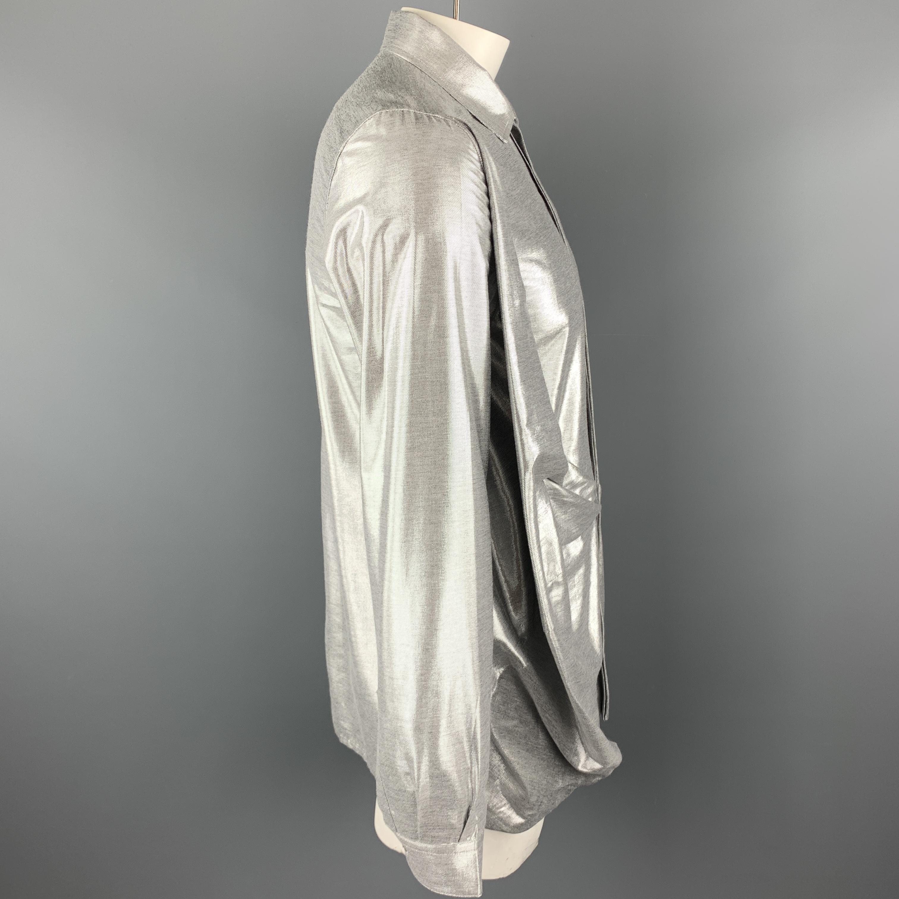 RICK OWENS FW19 Size 8 Silver Viscose Blend Hidden Buttons Asymmetrical Shirt In Excellent Condition In San Francisco, CA