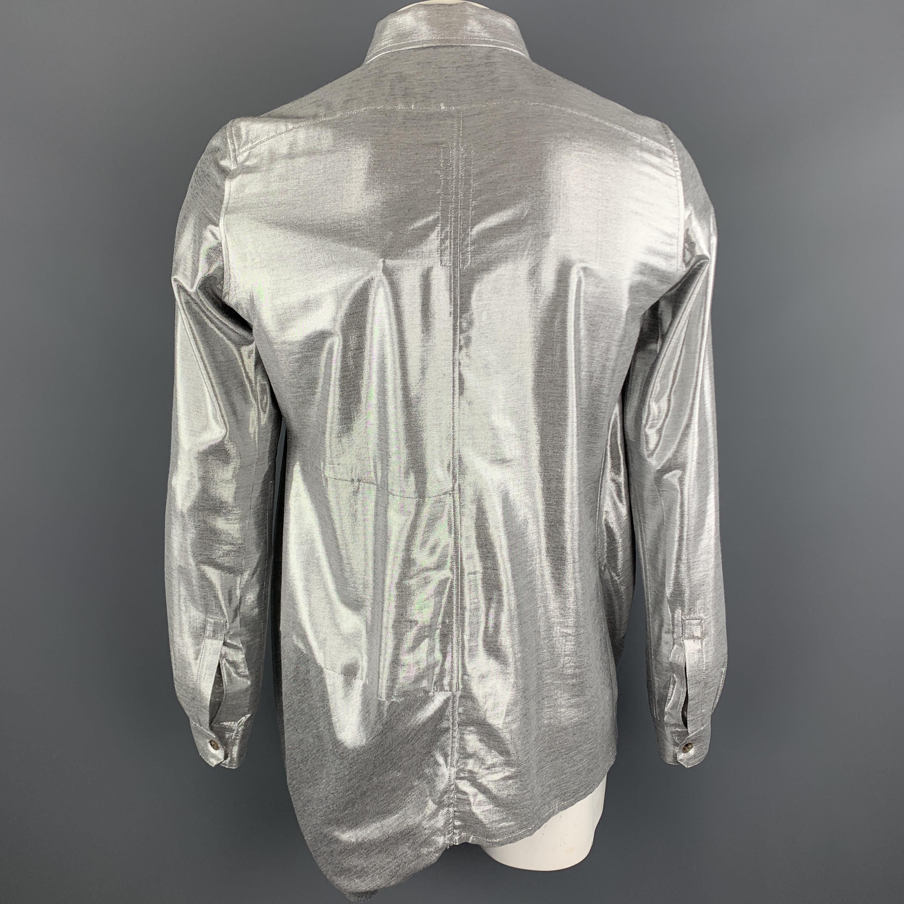 Men's RICK OWENS FW19 Size 8 Silver Viscose Blend Hidden Buttons Asymmetrical Shirt