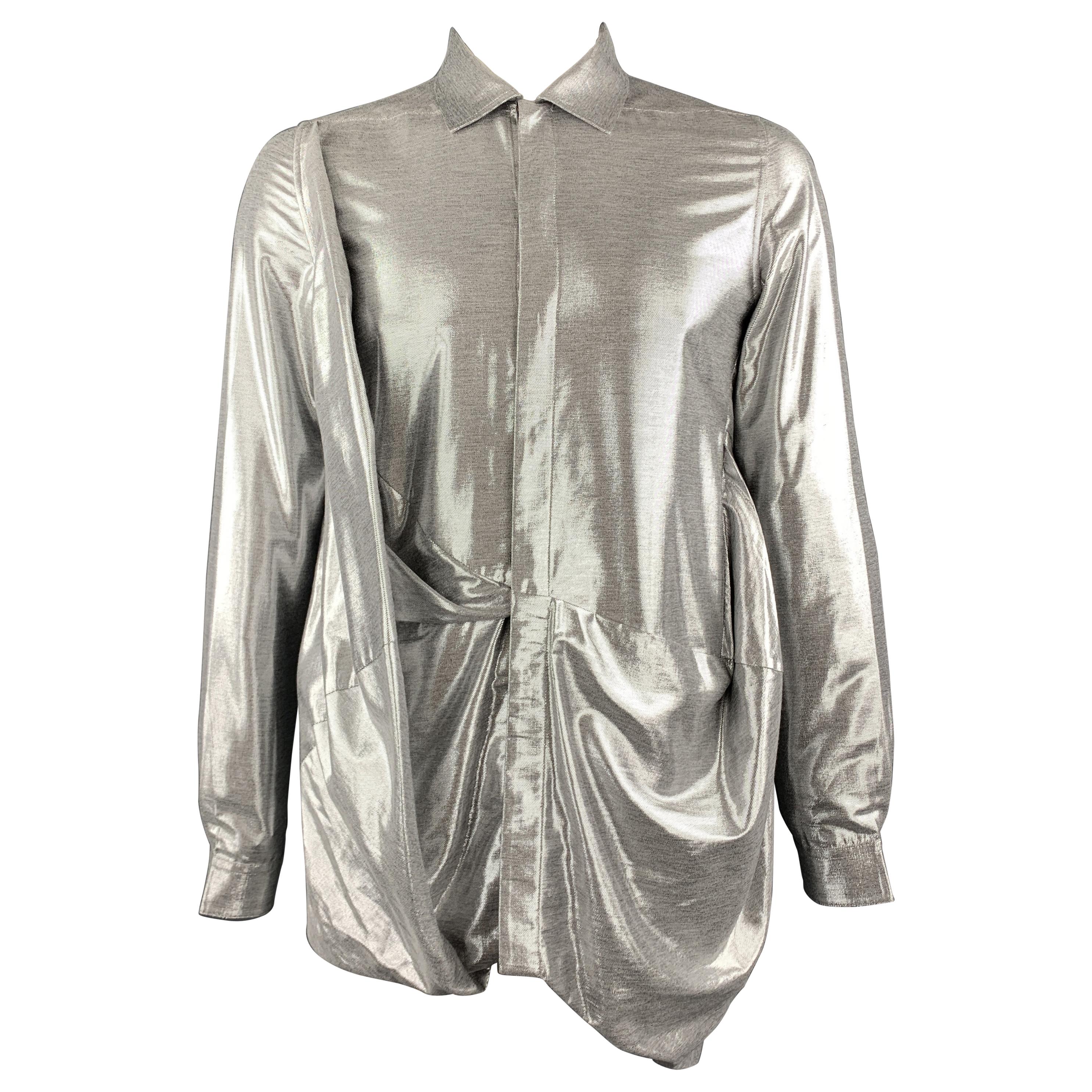 RICK OWENS FW19 Size 8 Silver Viscose Blend Hidden Buttons Asymmetrical Shirt