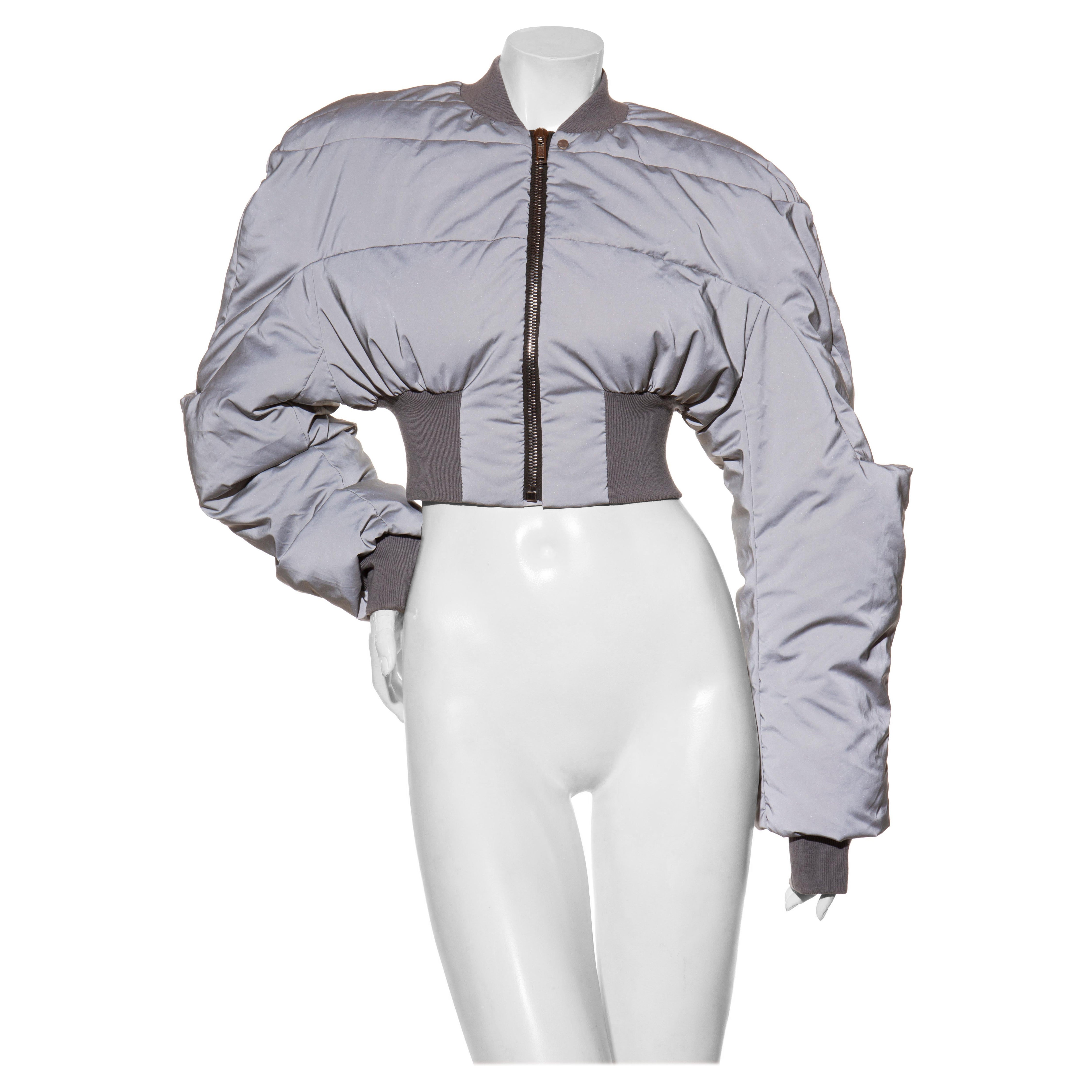 Rick Owens FW22 Strobe Cropped Puffer Bomber Jacket Grey Reflex Size IT 42 For Sale