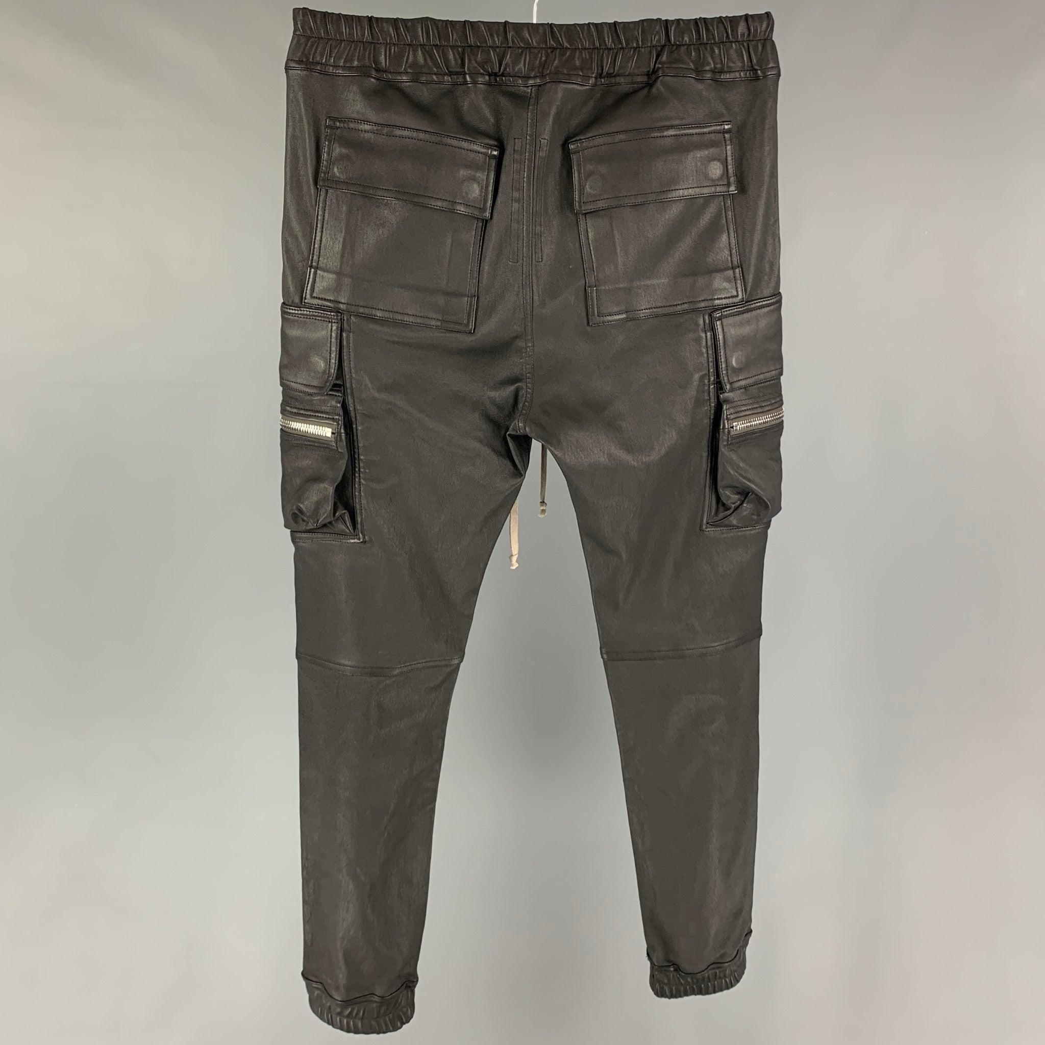 RICK OWENS Gethsemane FW 21 Size 34 Black Leather Mastodon Cargo Pants In Excellent Condition For Sale In San Francisco, CA