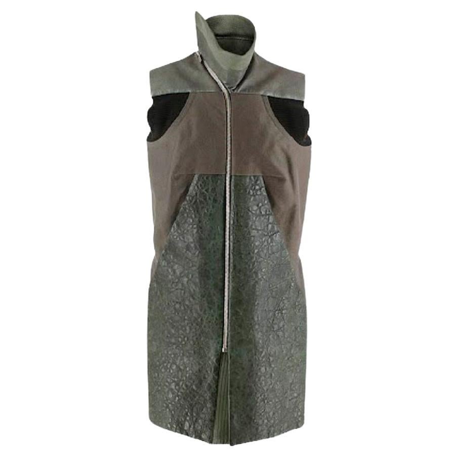 Rick Owens Iridescent Green & Khaki Leather & Knit Gilet For Sale