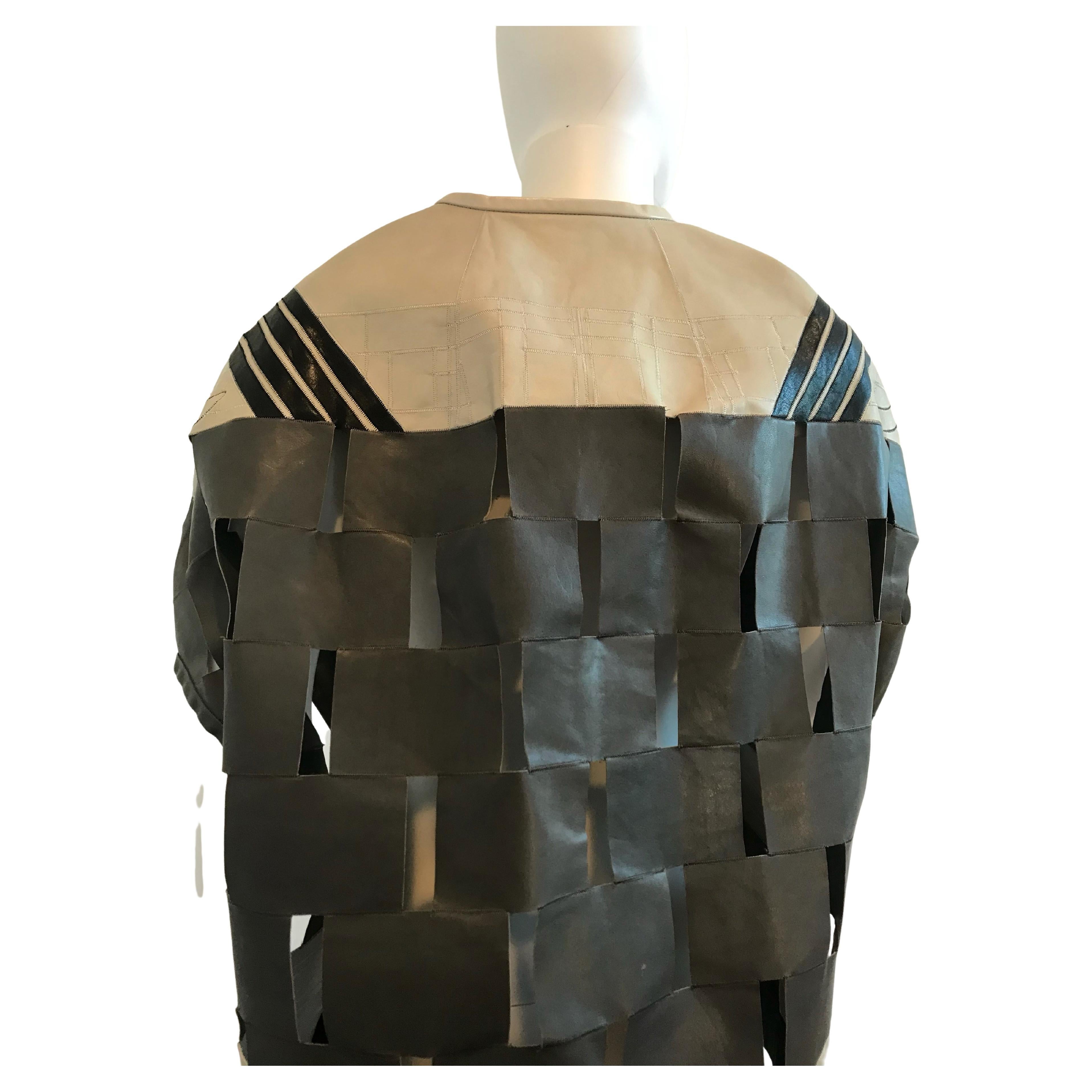 Brown Rick Owens Leather Basket Weave and Eye Detail Embroidered Jacket For Sale