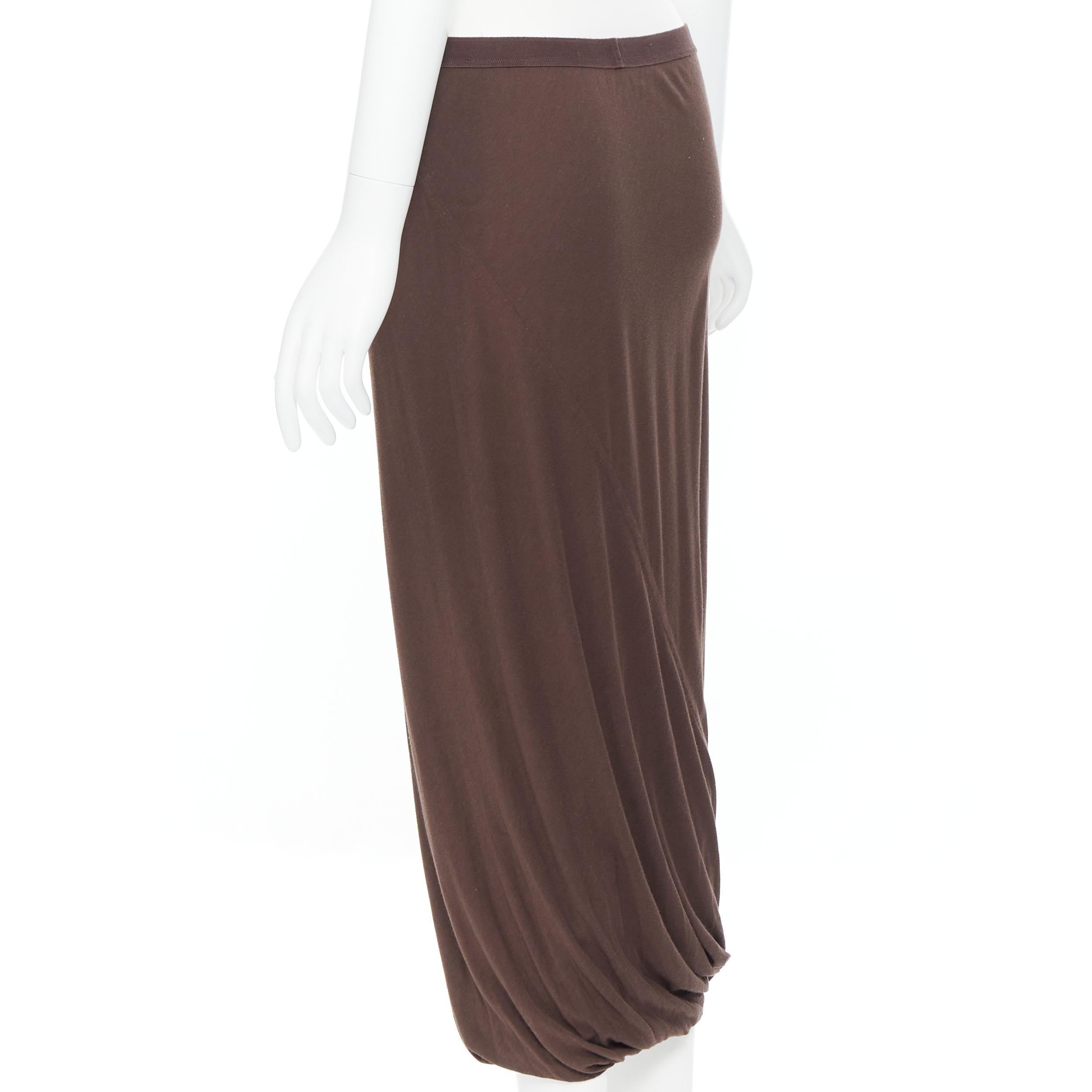 RICK OWENS LILIES dark brown cotton jersey draped hem midi skirt S In Good Condition In Hong Kong, NT