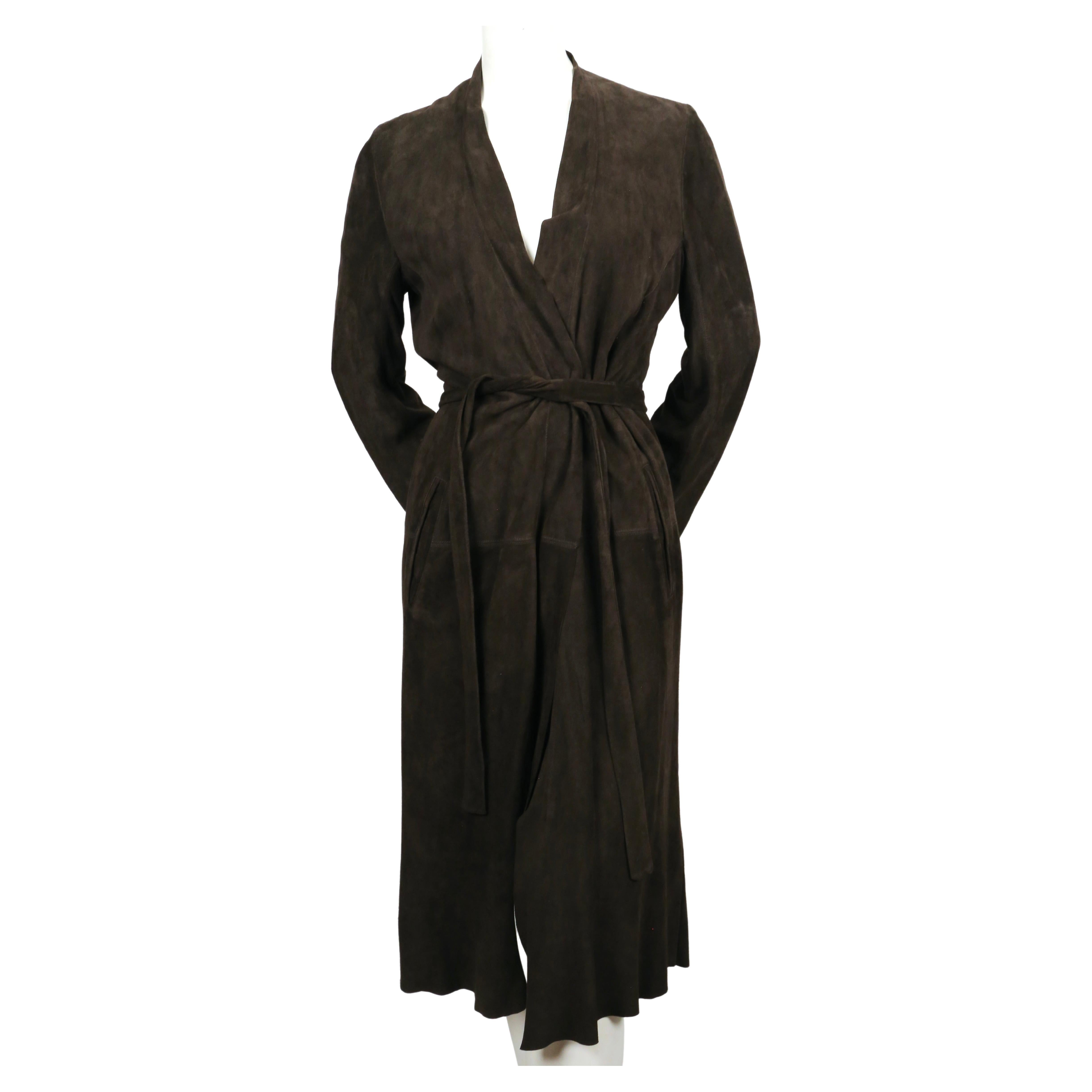 Dark brown, suede wrap coat designed by rick owens Rick Owens. No size labeled but this coat best fits a US 4 to a slim 8. Approximate measurements: shoulder 15