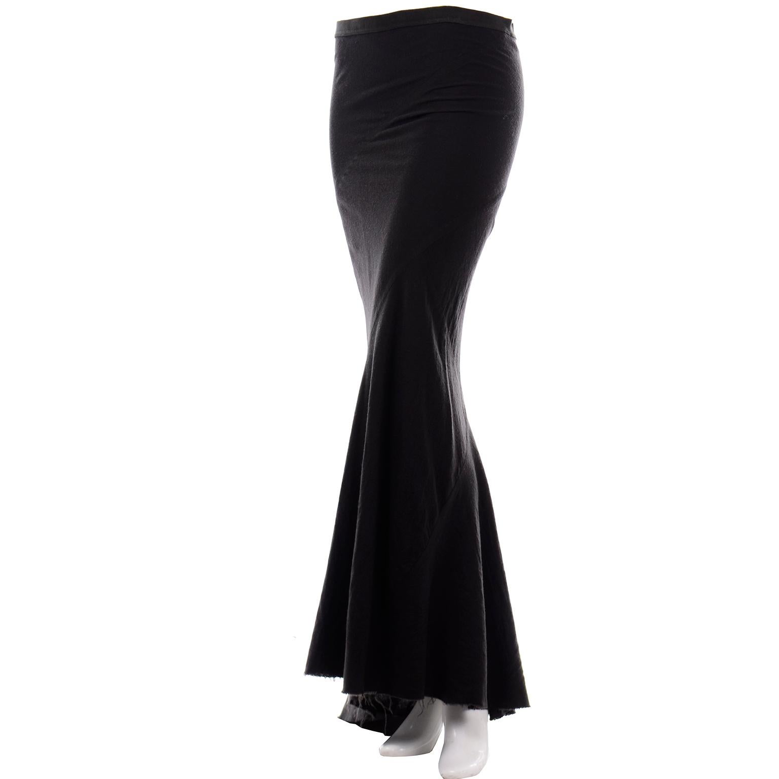 From the Rick Owens Fall/Winter 2005 MOOG collection, this maxi skirt carries the same earthy, grungy characteristics that are a cornerstone of Rick Owens' style. It sits on the low hip, and is cut on the bias, meeting the ground with an