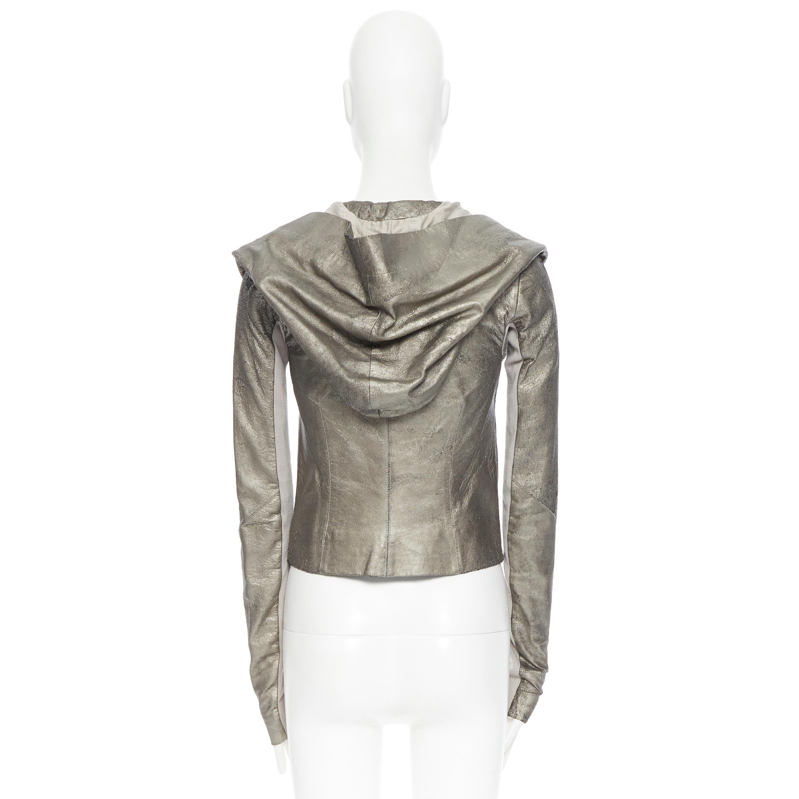 Gray RICK OWENS metallic gold distressed supple leather cropped biker jacket US4