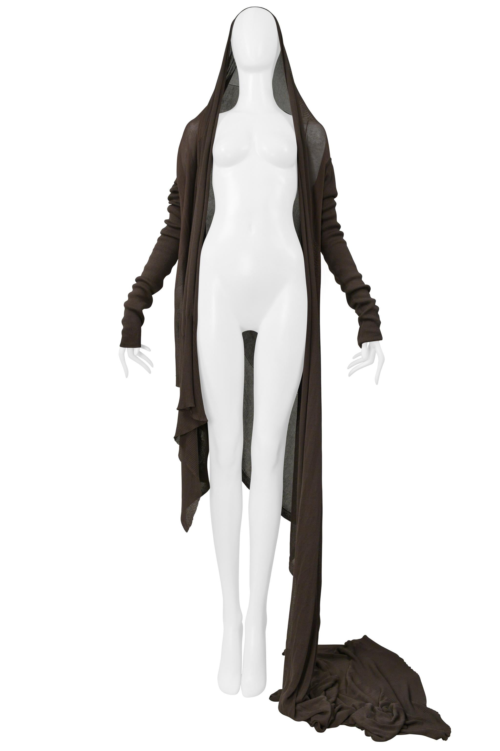 Grigio Rick Owens  Maglione cardigan marrone fango con sciarpa allegata 2004 in vendita