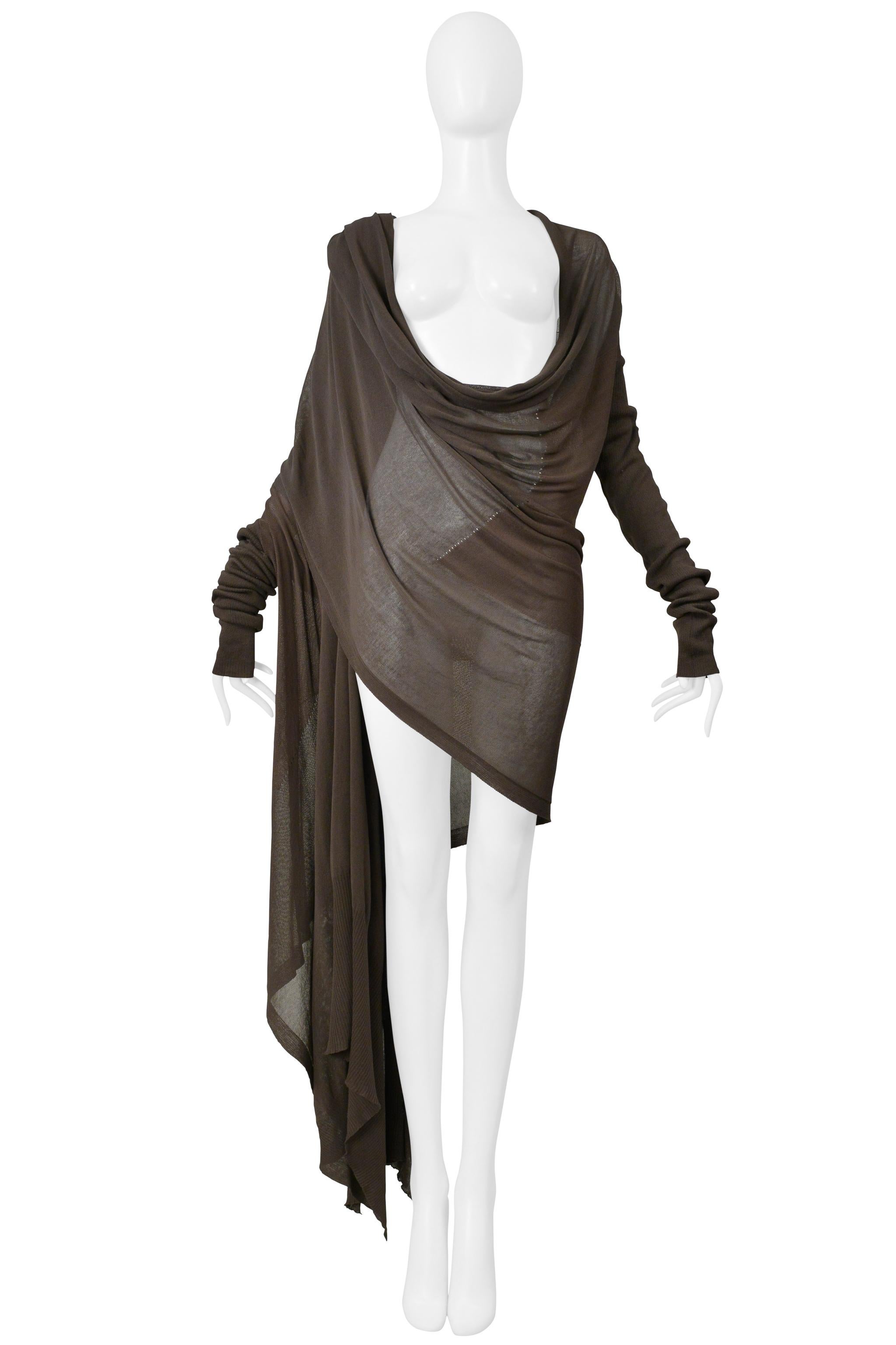 Rick Owens  Maglione cardigan marrone fango con sciarpa allegata 2004 In condizioni ottime in vendita a Los Angeles, CA
