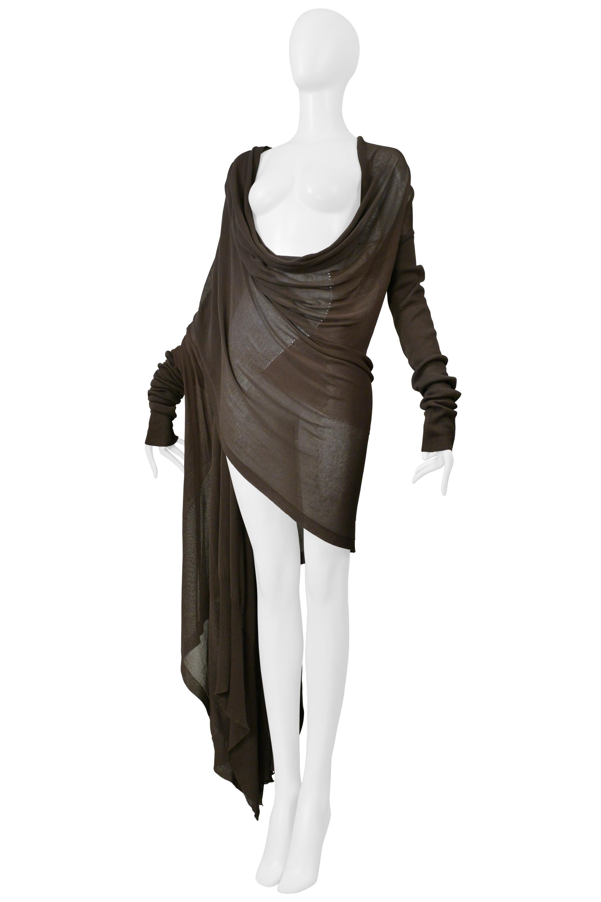 Donna Rick Owens  Maglione cardigan marrone fango con sciarpa allegata 2004 in vendita