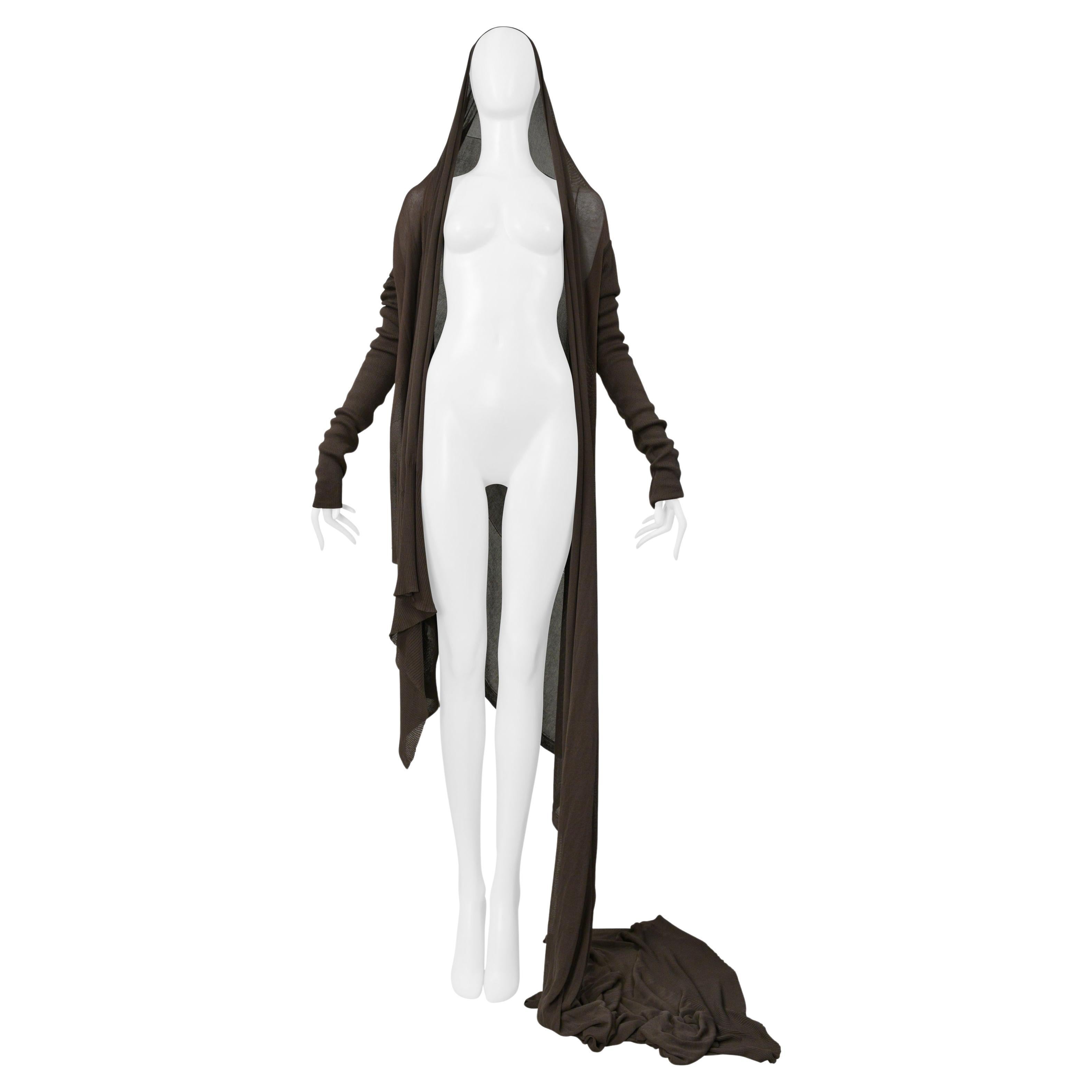 Rick Owens  Maglione cardigan marrone fango con sciarpa allegata 2004 in vendita