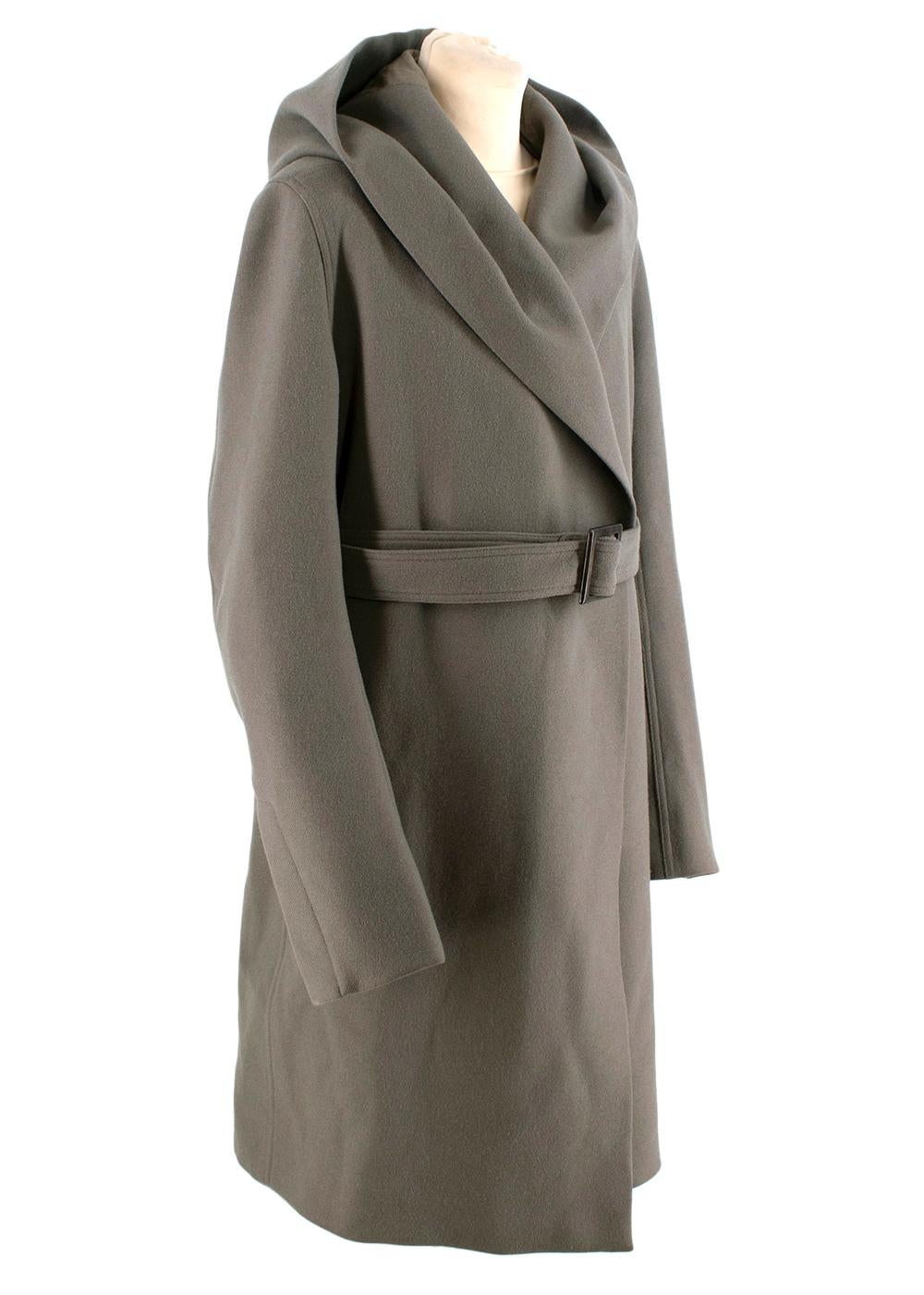 Rick Owens Sage-Grey Shawl Hooded Long Coat 
 

 - Open, wrap-front coat with a shawl,collar hooded coat and oversized silhouette, typical of the brand 
 - Button cuffs
 - Two inset pockets 
 - Belt loops and a belt with a horn buckle 
 - Sage grey