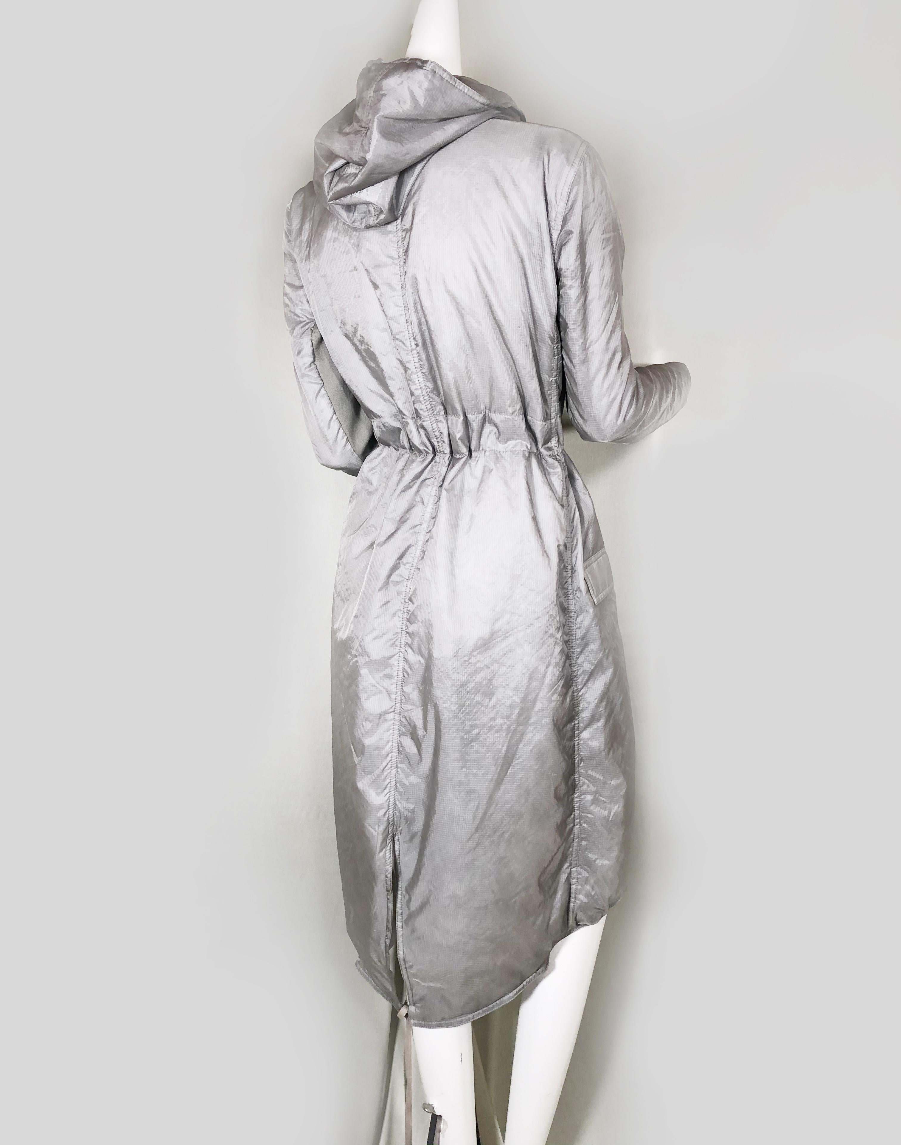 Rick Owens Silver Nylon Hooded Raincoat with Tails In Excellent Condition In Gresham, OR