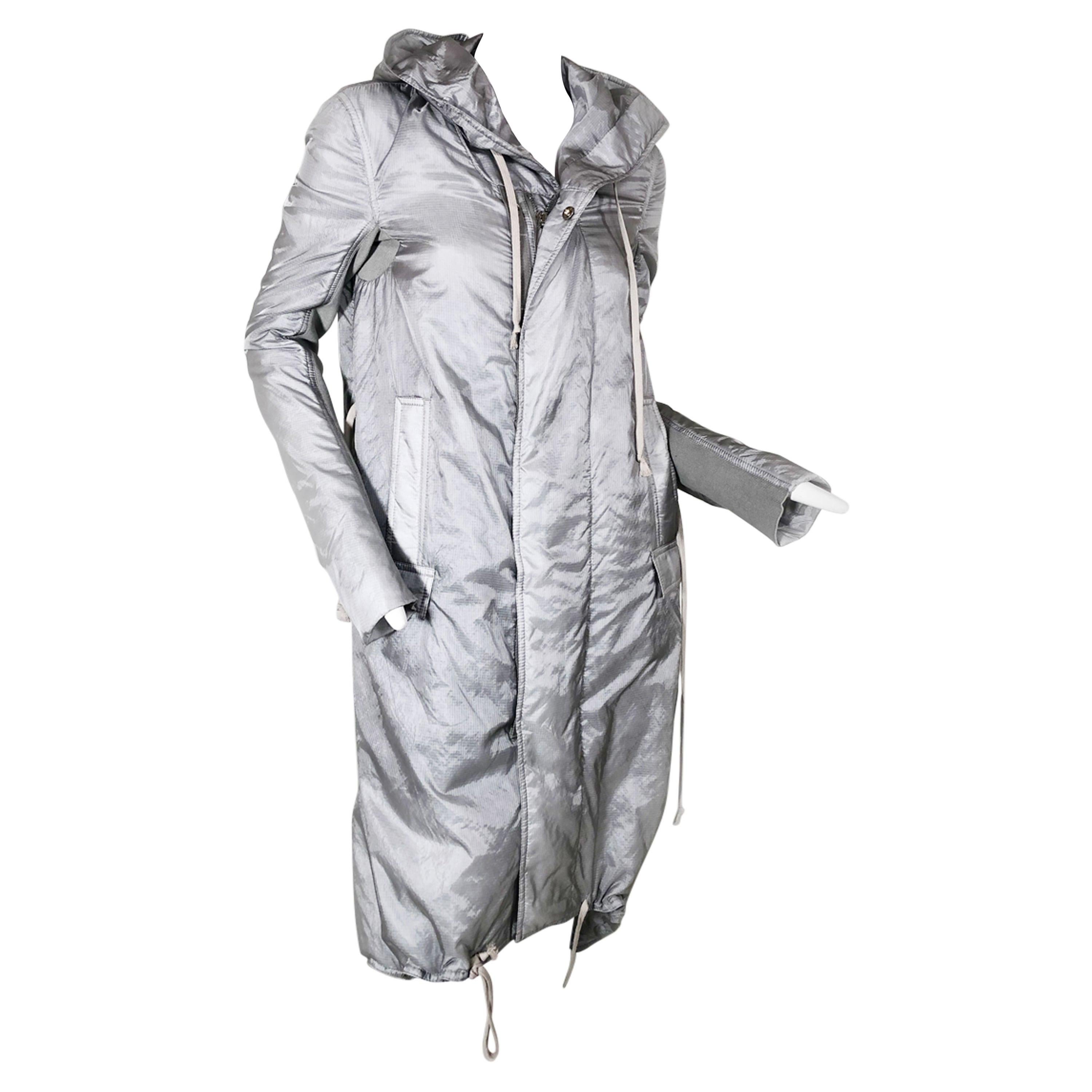 Rick Owens Silver Nylon Hooded Raincoat with Tails