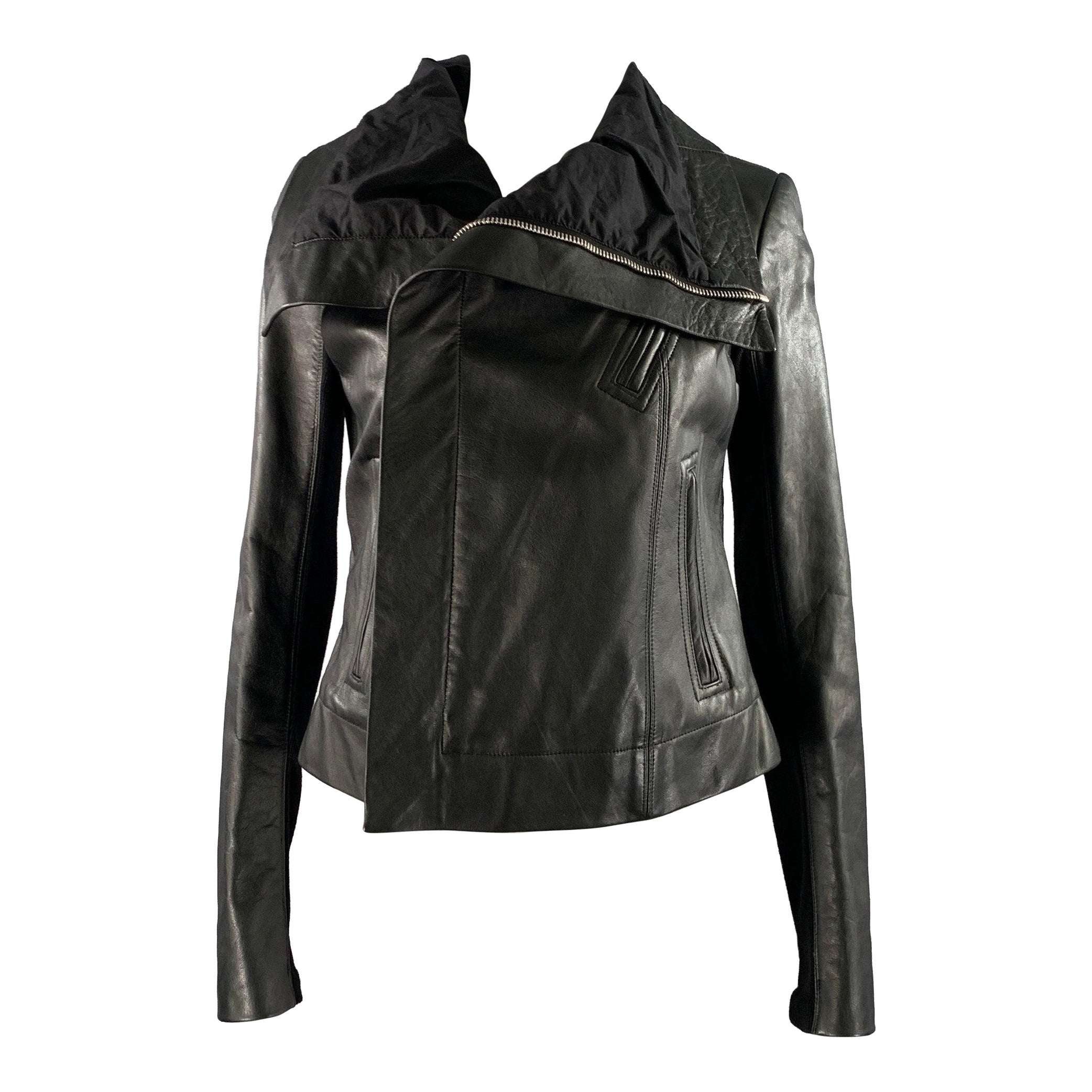 RICK OWENS Talla 10 Chaqueta Moto Racer de cuero negro craquelado