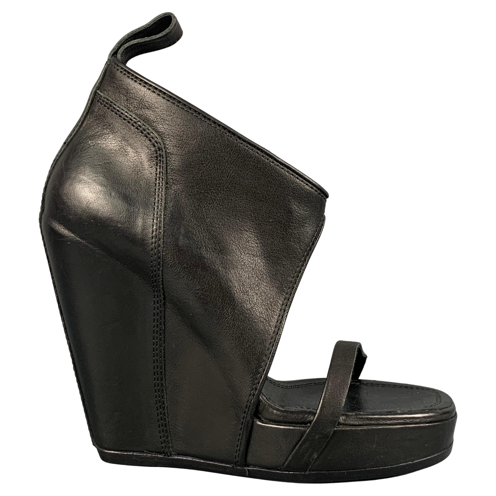 RICK OWENS Size 10 Black Leather Open Toe Wedge Boots