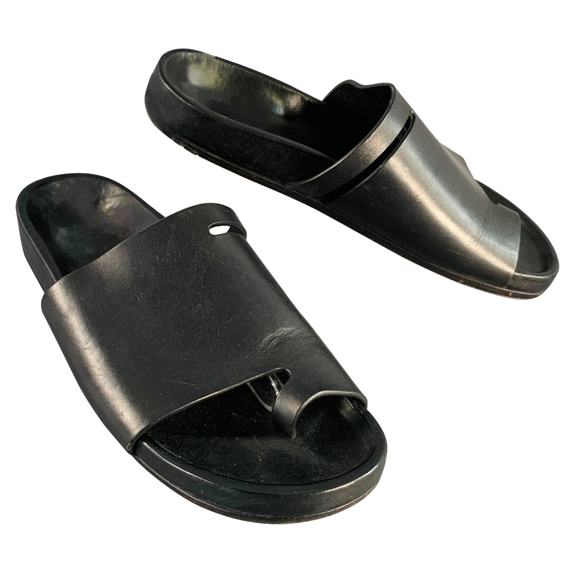 RICK OWENS Size 10 Black Leather Toe Ring Slide Sandals
