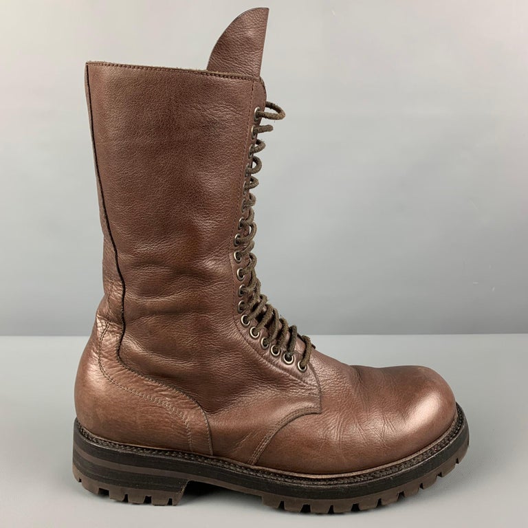 RICK OWENS Size 10 Brown Leather Tall Military Boots For Sale at 1stDibs