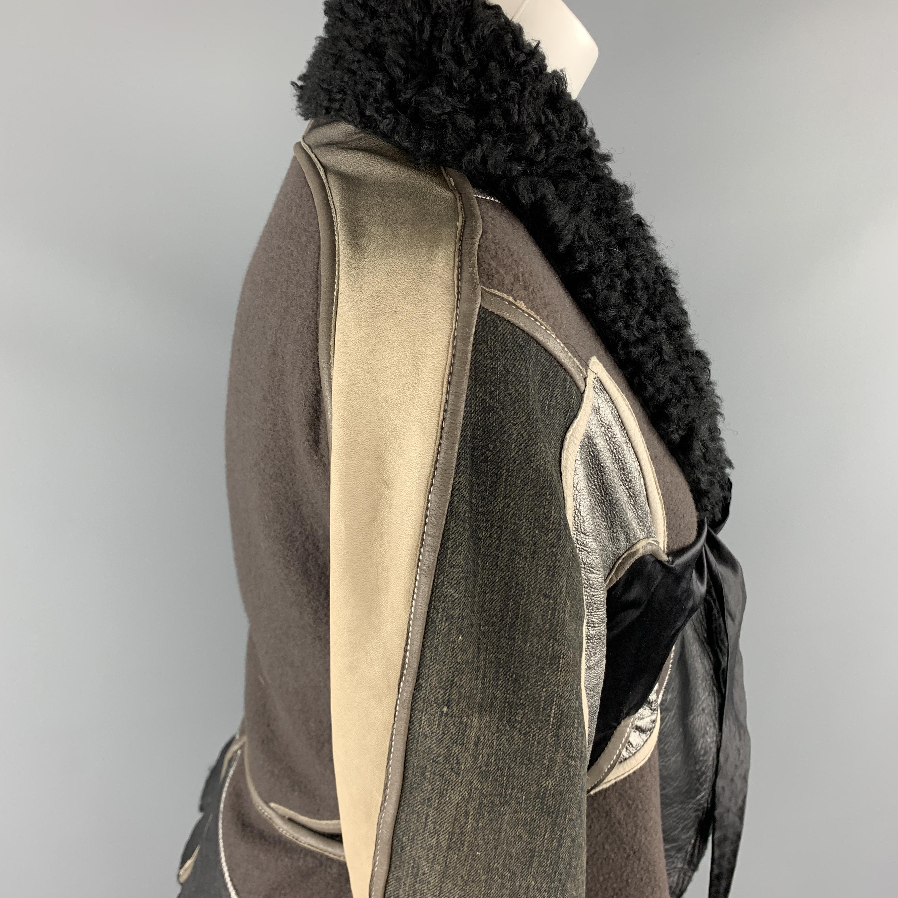 RICK OWENS Size 10 Gray Metallic Leather Patchwork Shearling Collar Tied Jacket In Excellent Condition In San Francisco, CA