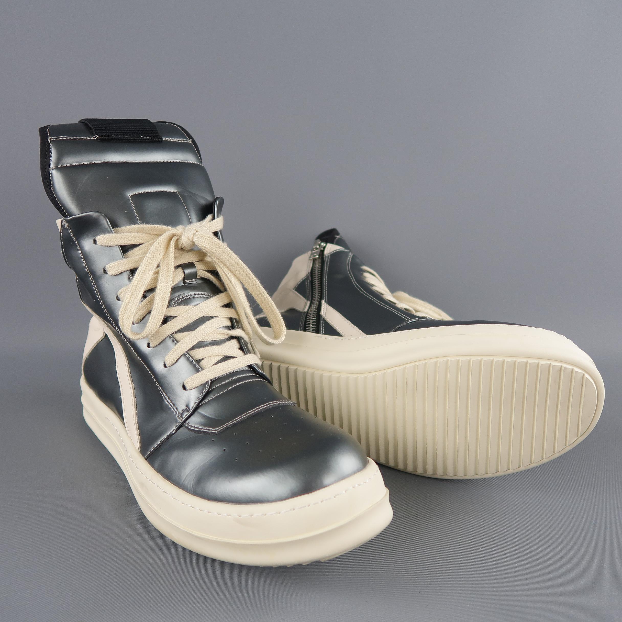 RICK OWENS Size 10 Slate Gray Metallic Leather Geobasket High Top Sneakers In Excellent Condition In San Francisco, CA