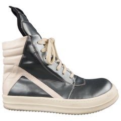 RICK OWENS Size 10 Slate Gray Metallic Leather Geobasket High Top Sneakers