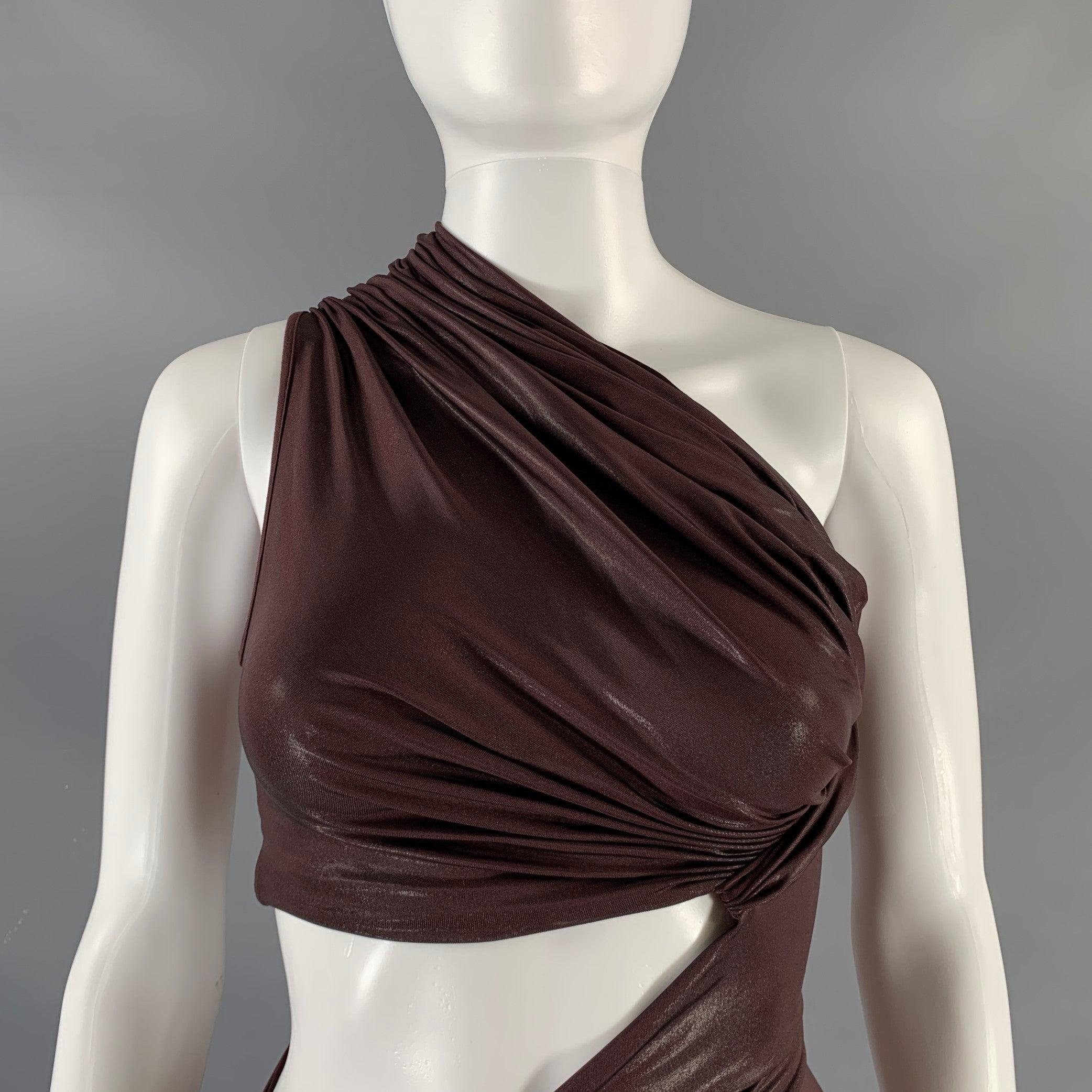 RICK OWENS STROBE LILIES dress comes in a purple viscose blend knit featuring an one shoulder detail draped, sculptural silhouette, cut out detail, and an asymmetrical hem. Made in Italy.Good Pre-Owned Condition. AS-IS. 
 
 Marked: US 4 
 
